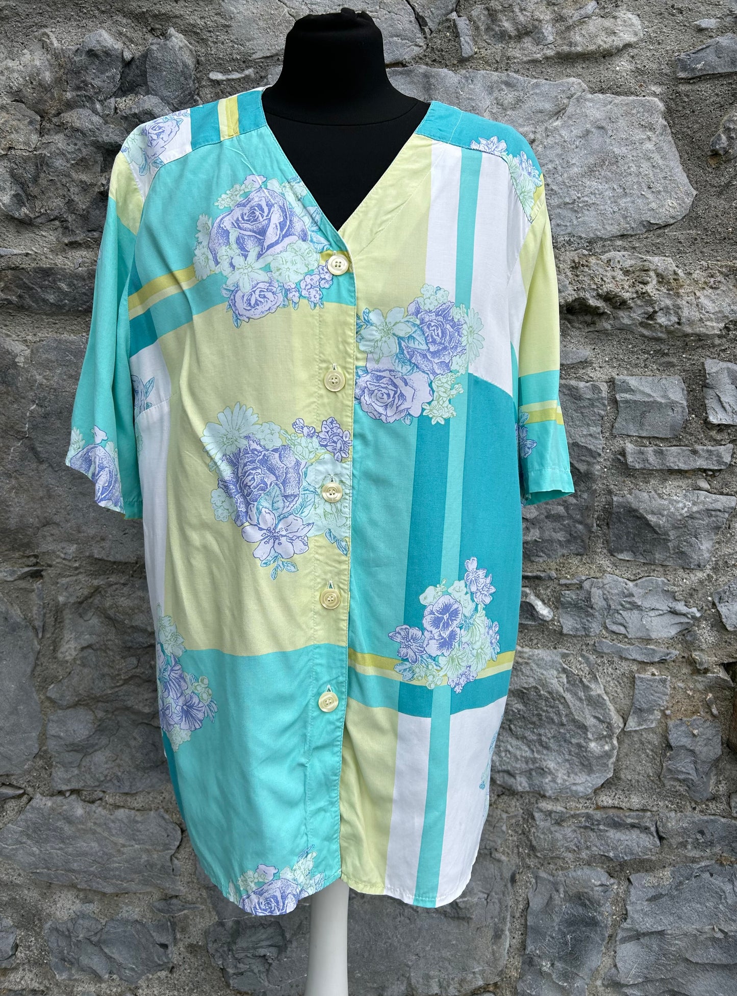 80s yellow&green patchwork floral shirt uk 14-16