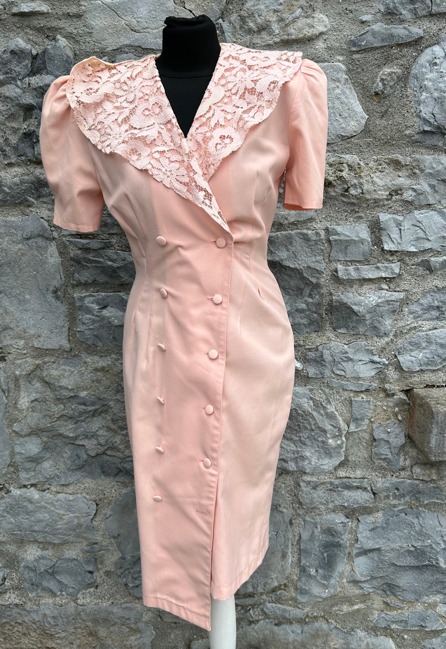 80s peach lace collar dress uk 6-8