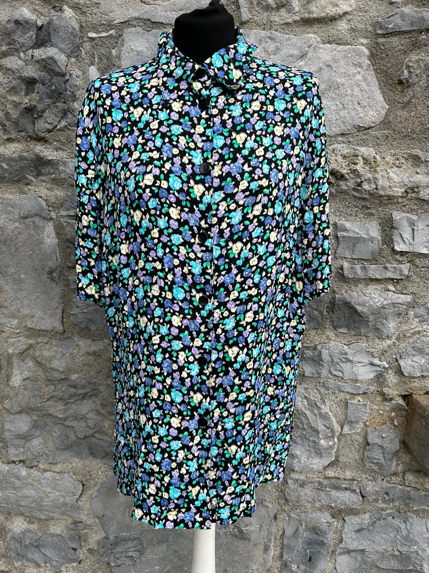 90s Blue&teal flowers shirt uk 14-16