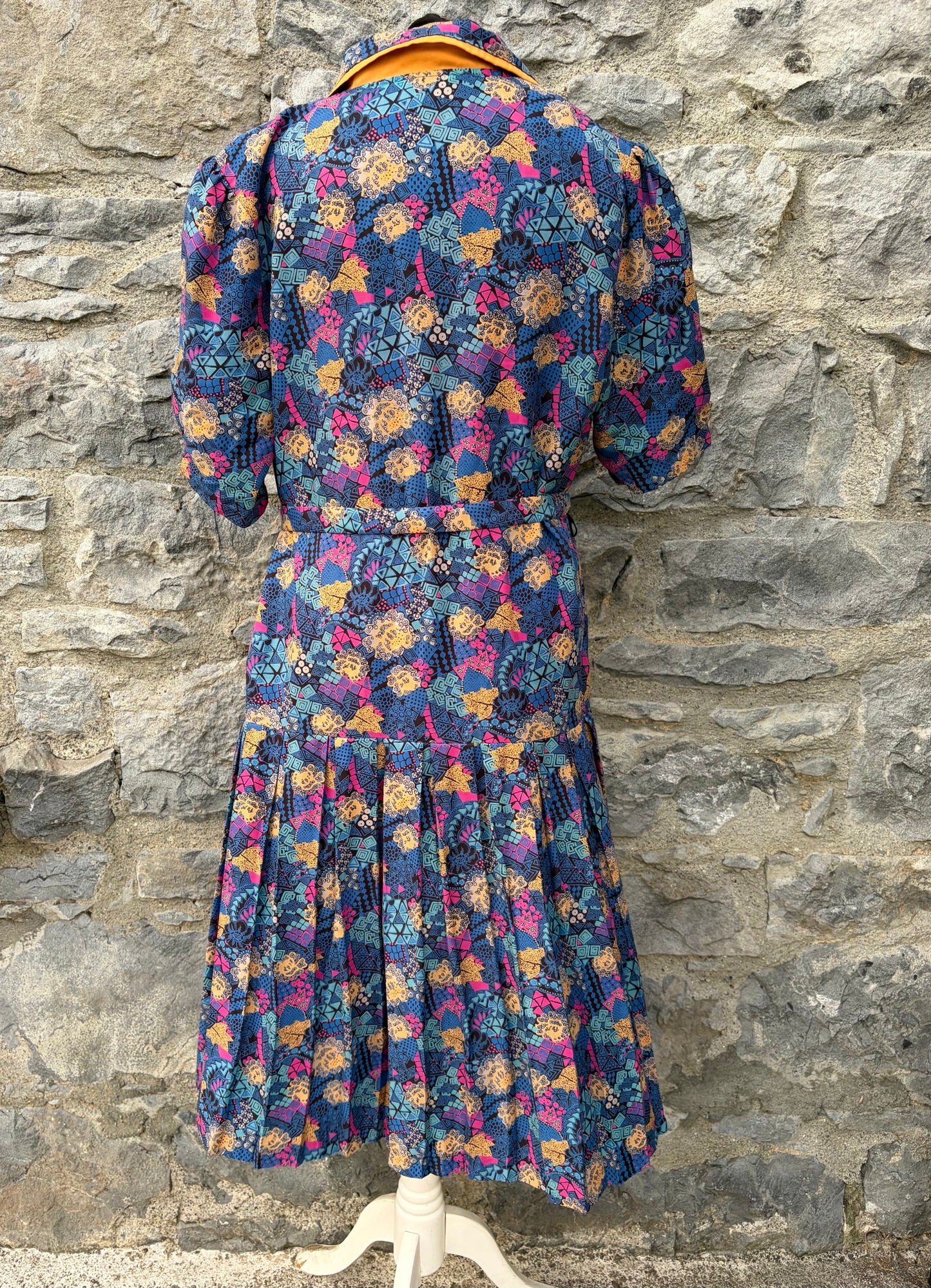 80s blue floral dropped waist dress uk 12