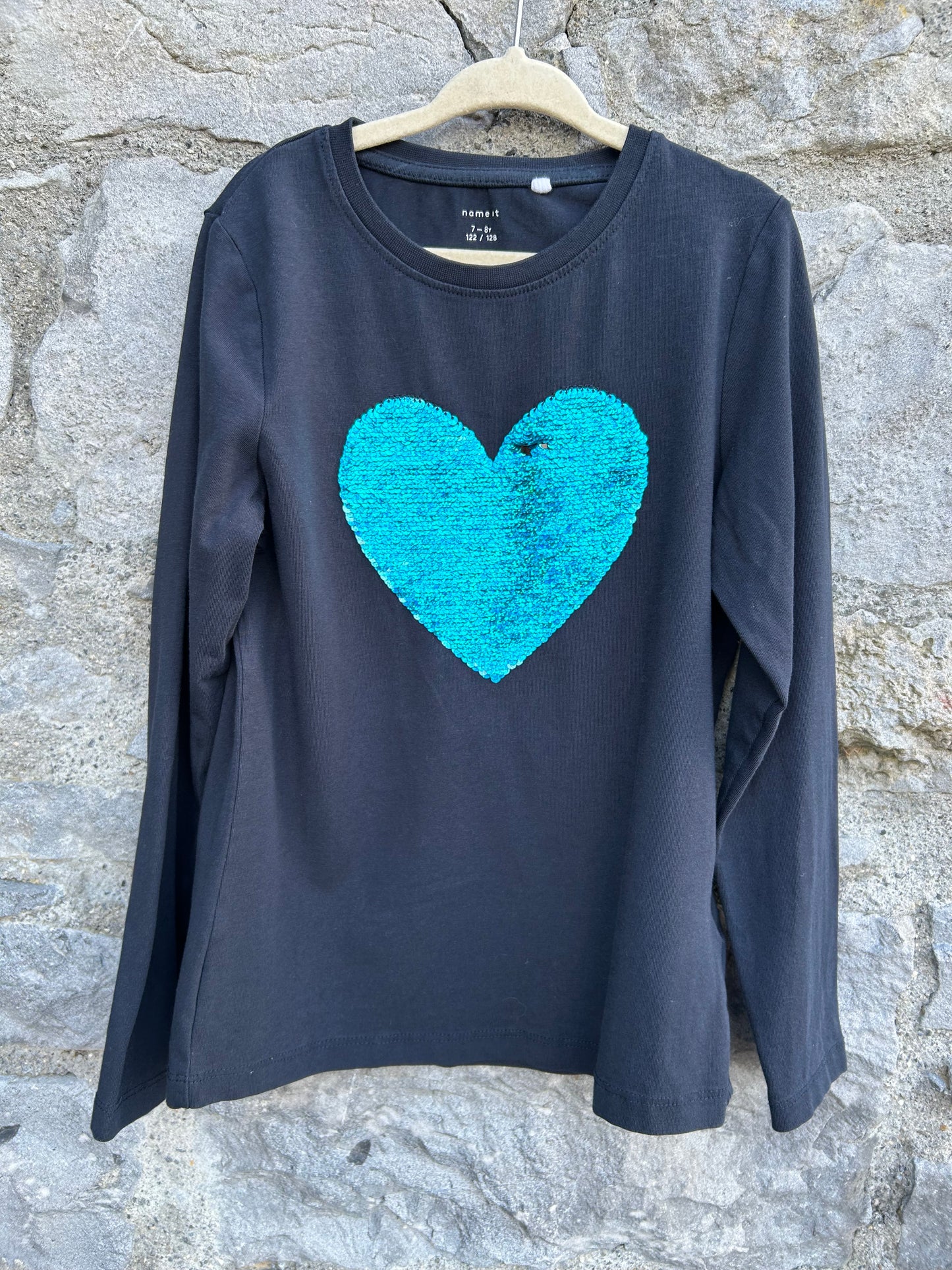 Sequin heart navy top 7-8y (122-128cm)