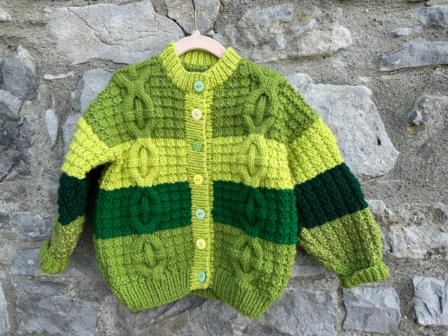 Green panels Aran style cardigan 4-5y (104-110cm)