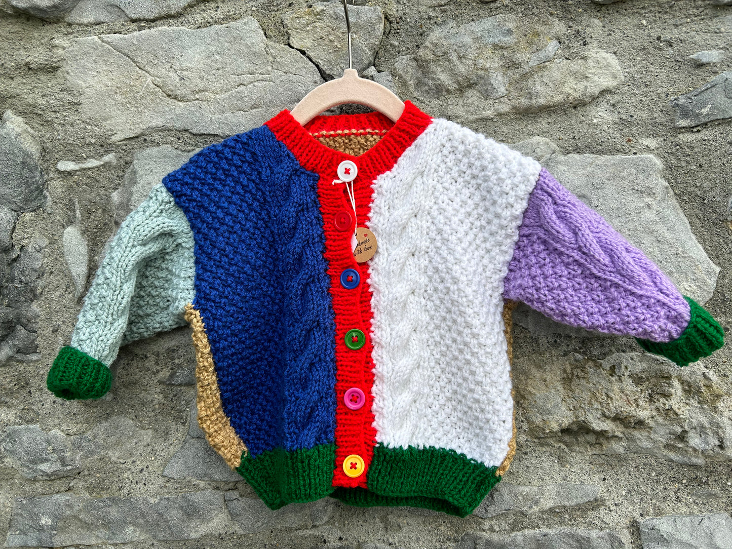 Navy&white colourful Aran style cardigan 9-12m (74-80cm)