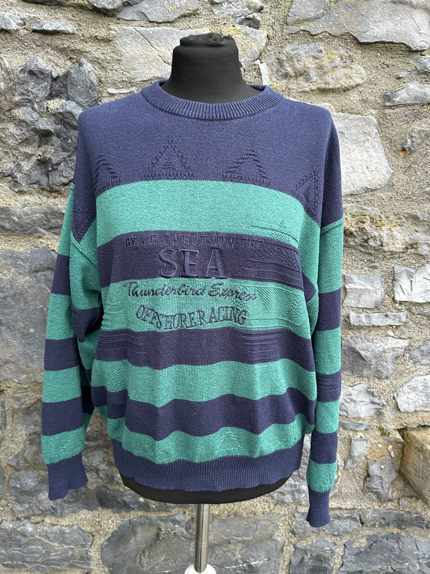 80s Sea navy&green stripy jumper Medium