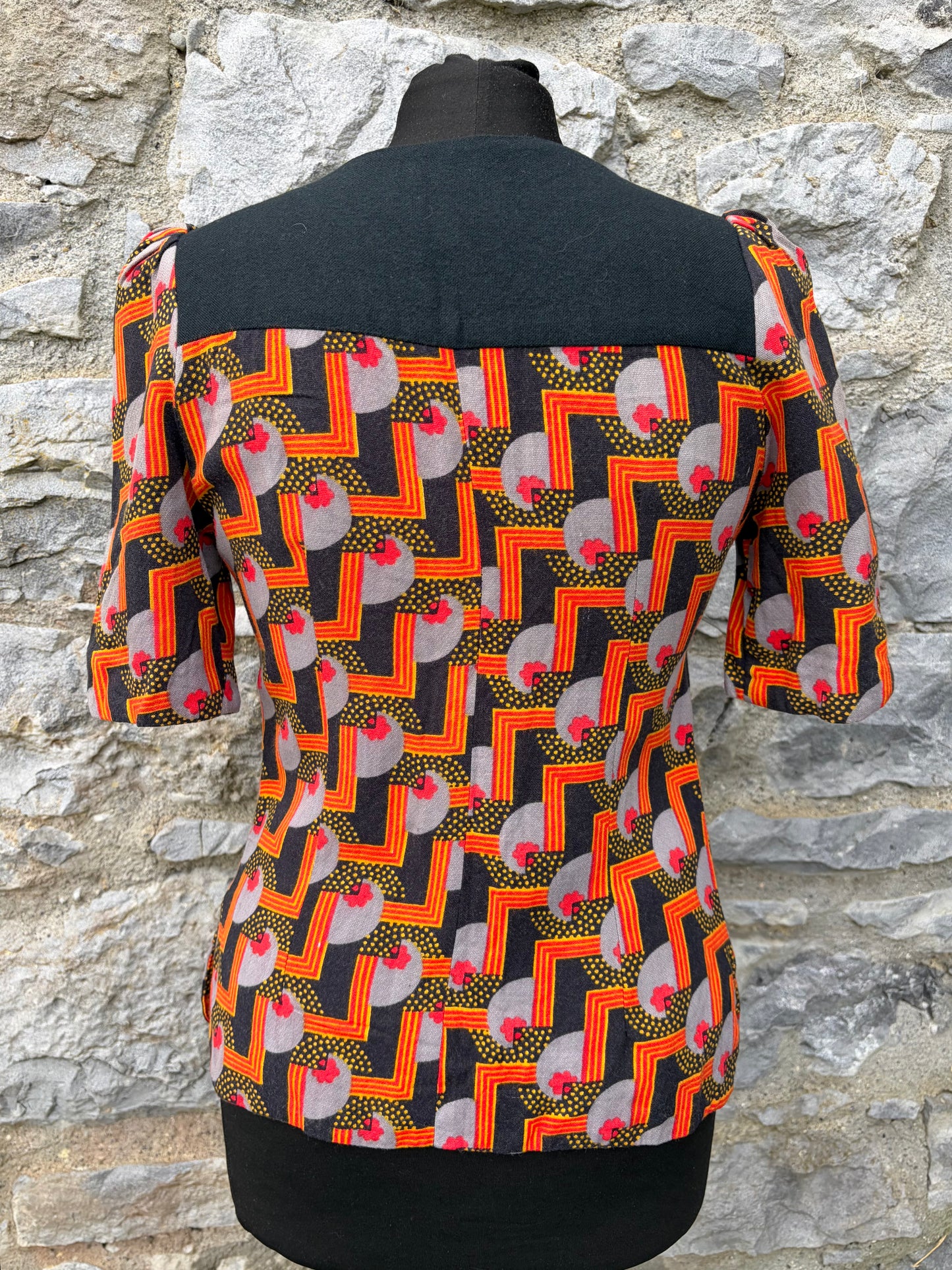 70s orange&black geometric top uk 6-8