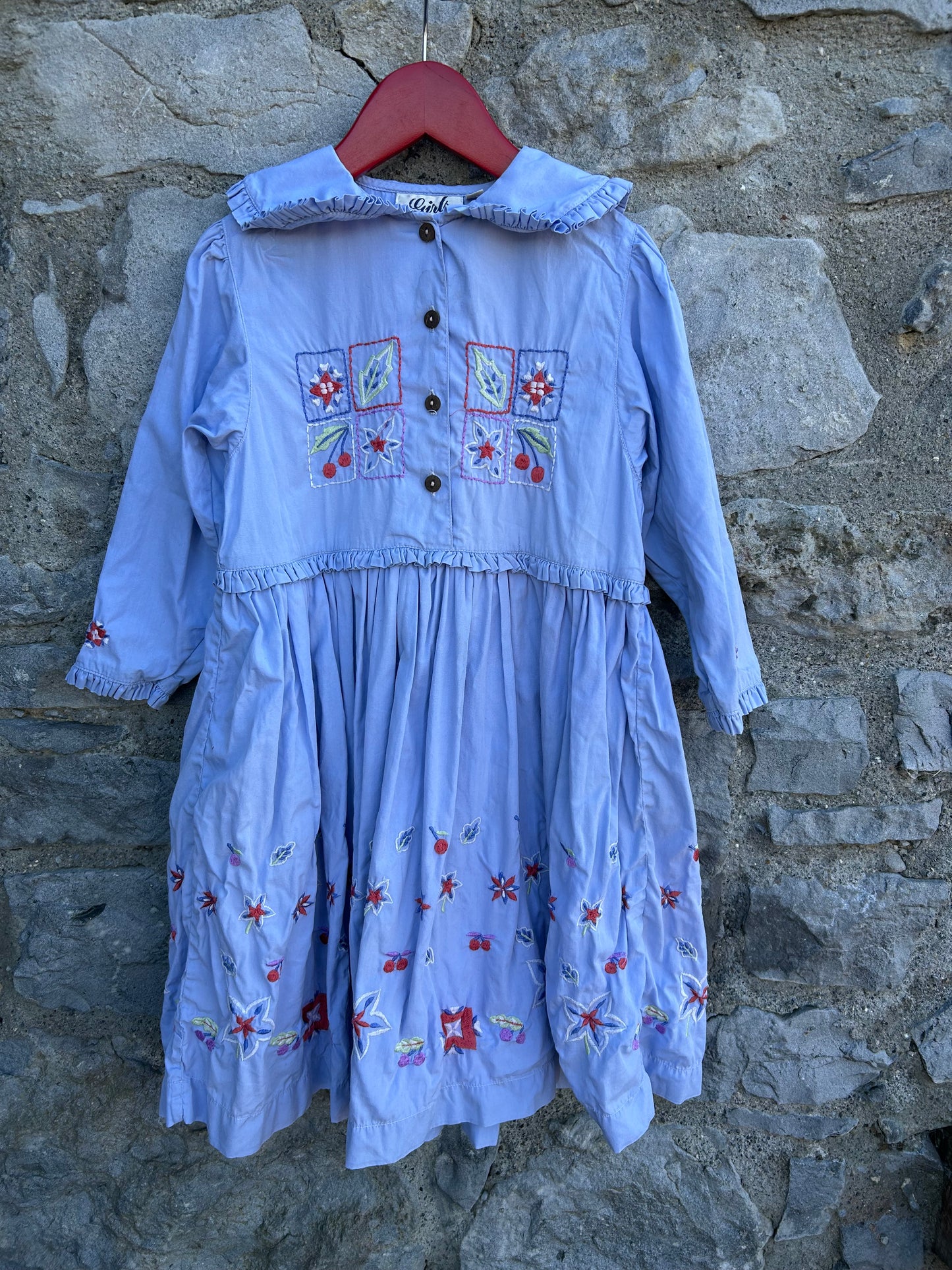 80s blue embroidery dress 5y (110cm)