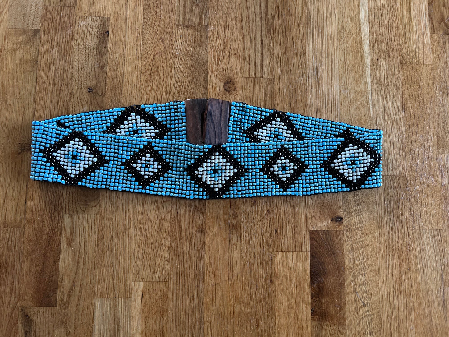 Blue geometric beaded belt