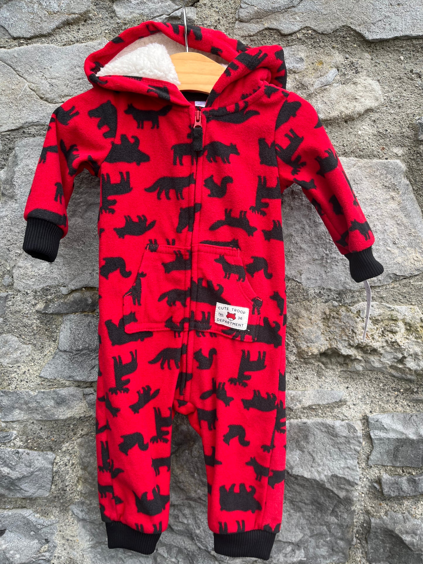 Woodland animals red fleece onesie 3-6m (62-68cm)