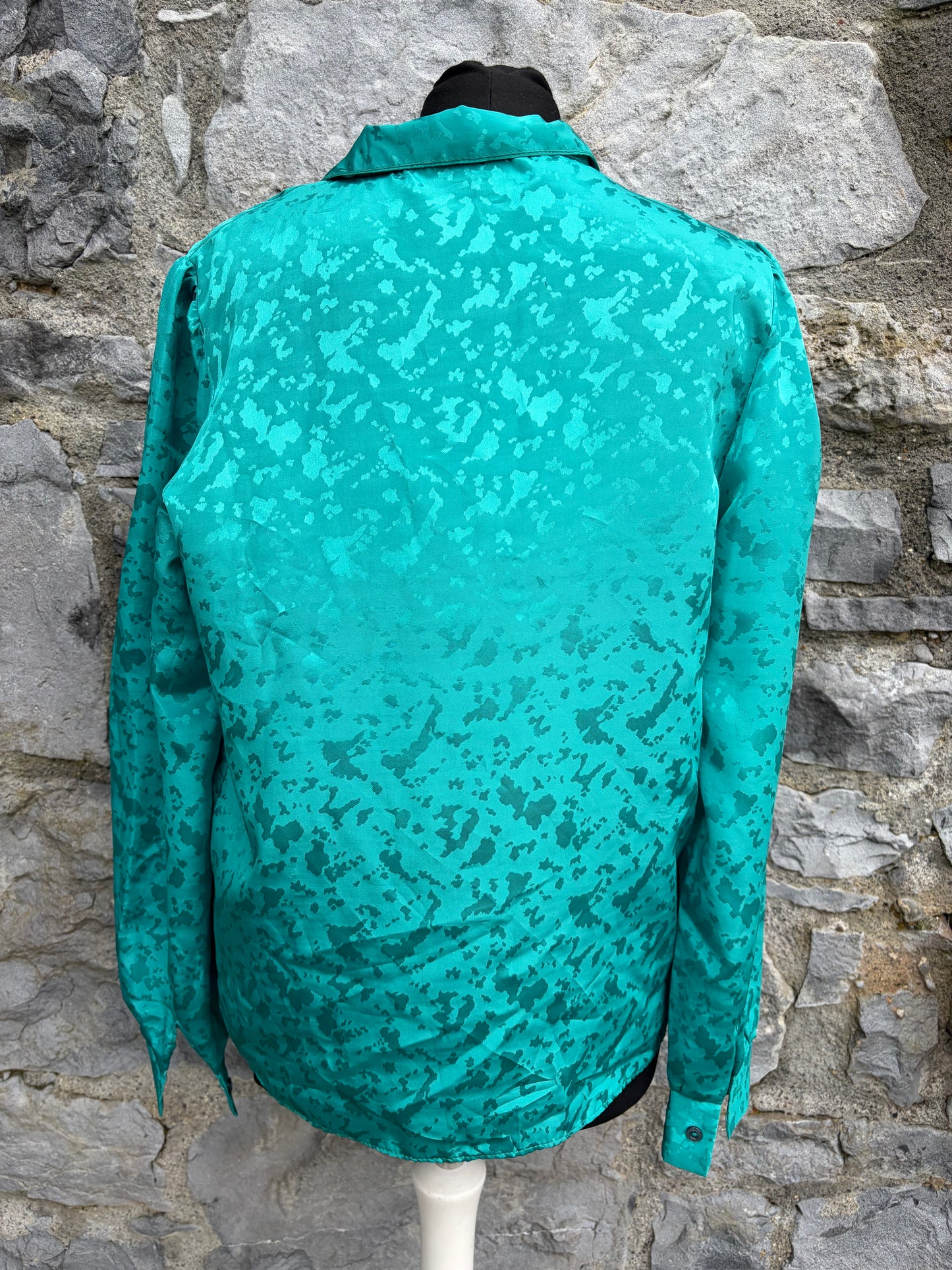 80s high collar green jacquard blouse uk 10-12