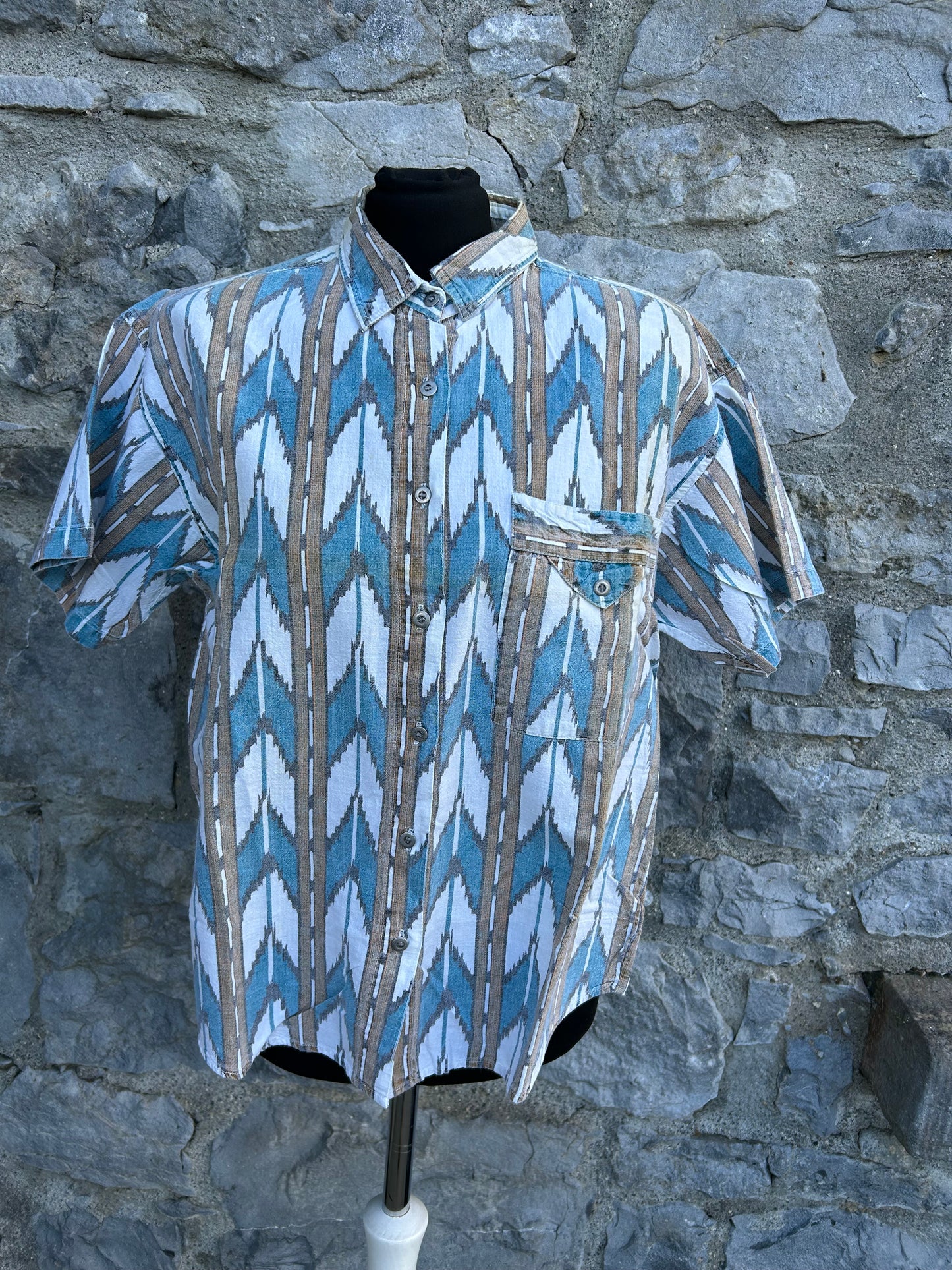80s Blue&brown chevron shirt Small