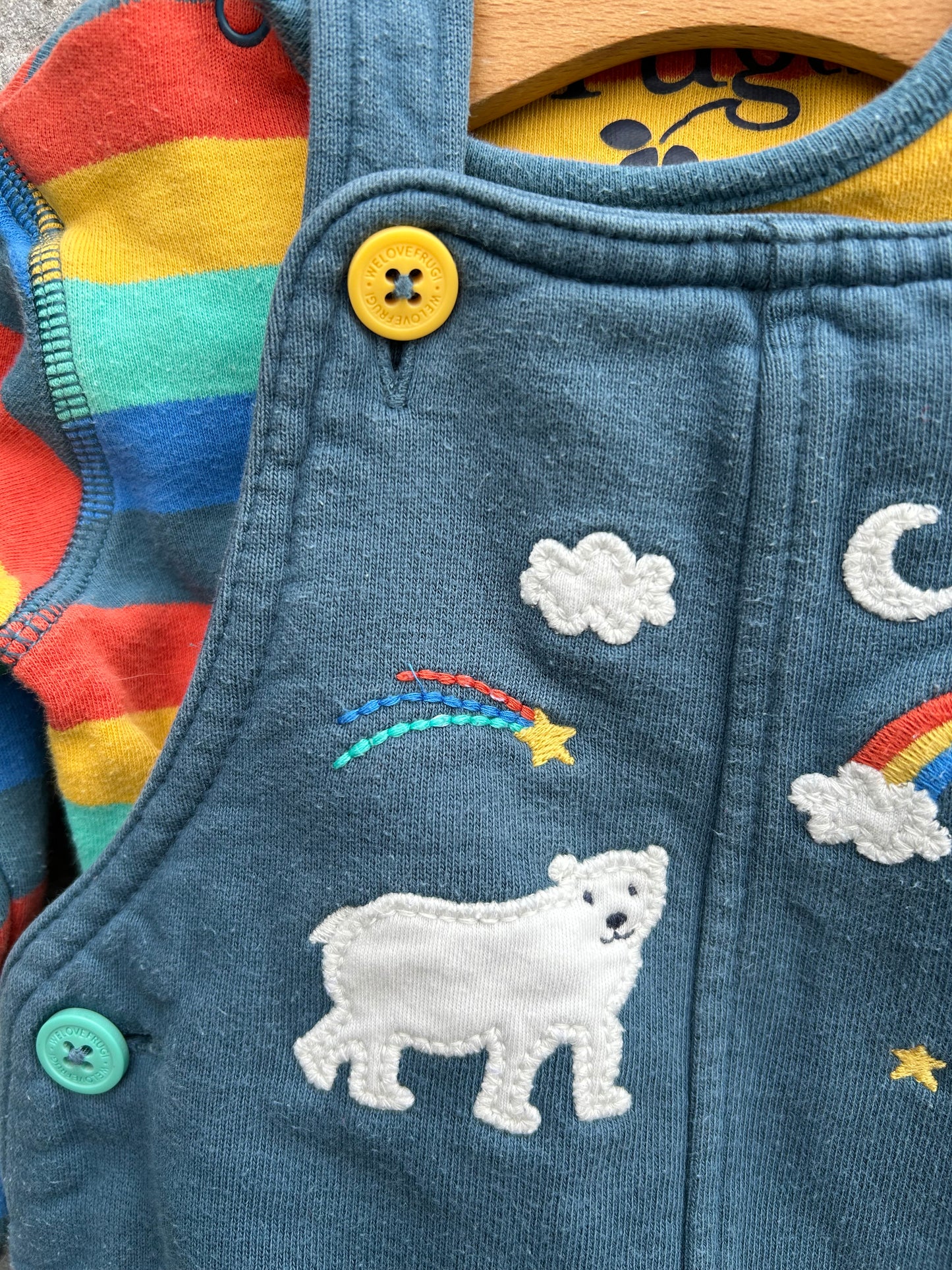 Rainbow vest&navy dungarees 3-6m (62-68cm)