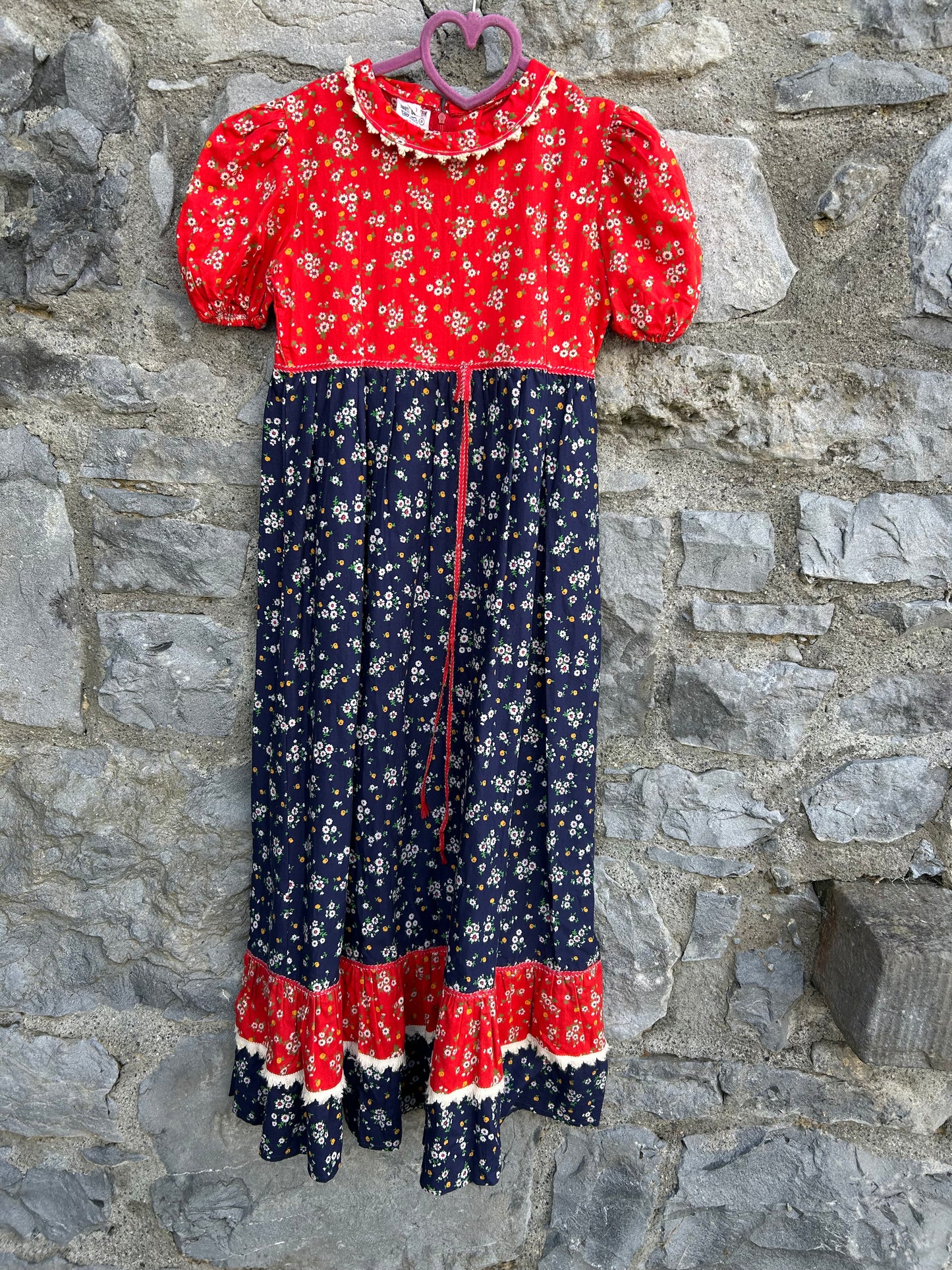70s red&black floral dress 9-10y (134-140cm)