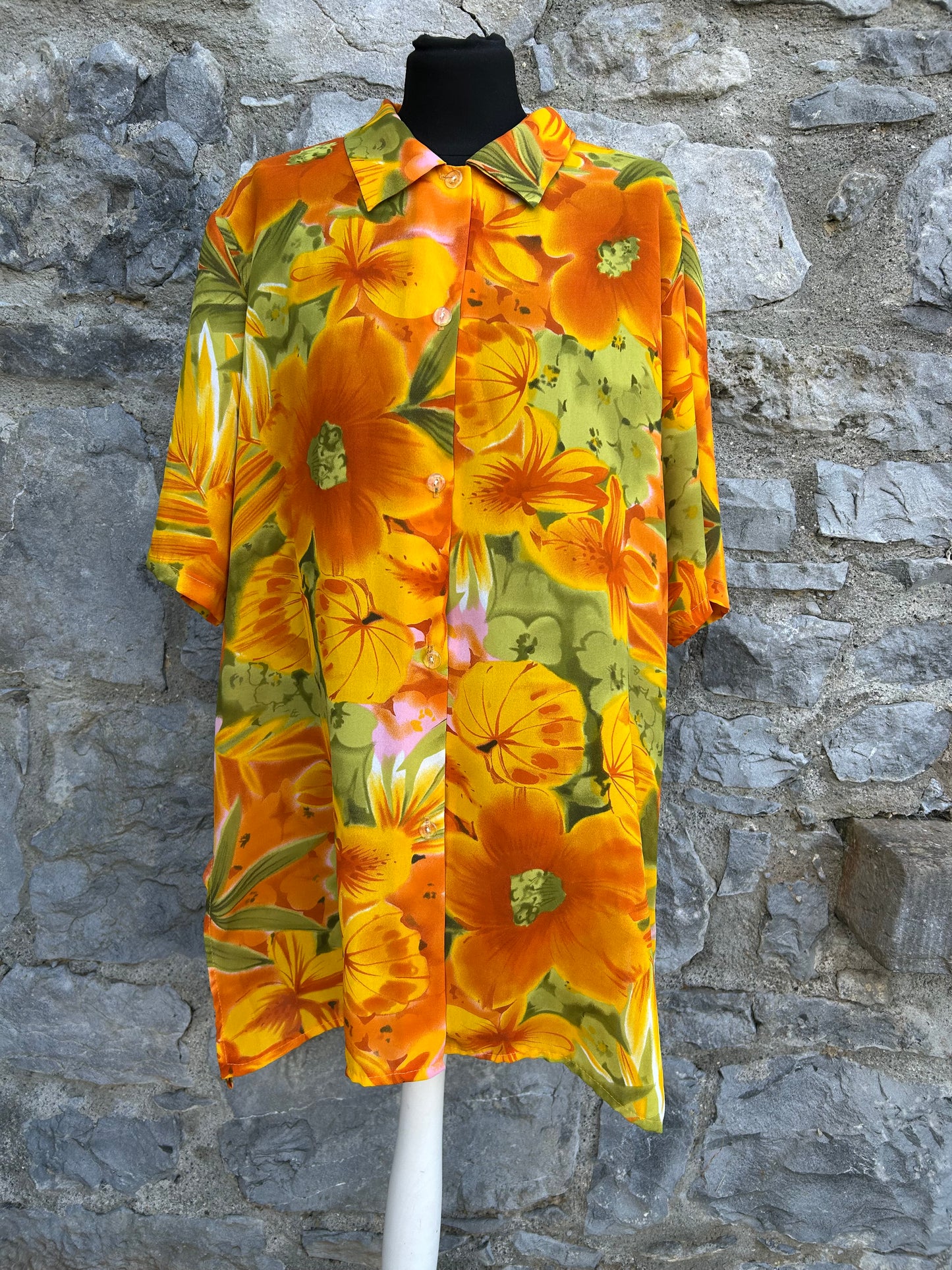 90s orange flowers long shirt uk 16-18