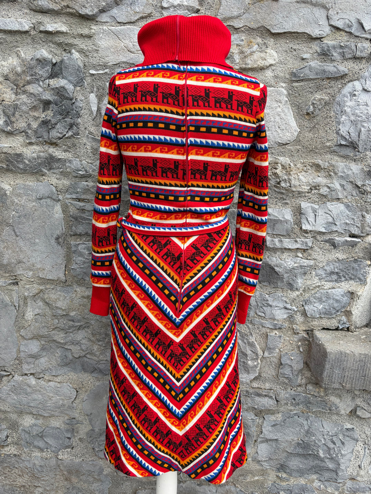 70s red geometric knit sweater dress uk 6
