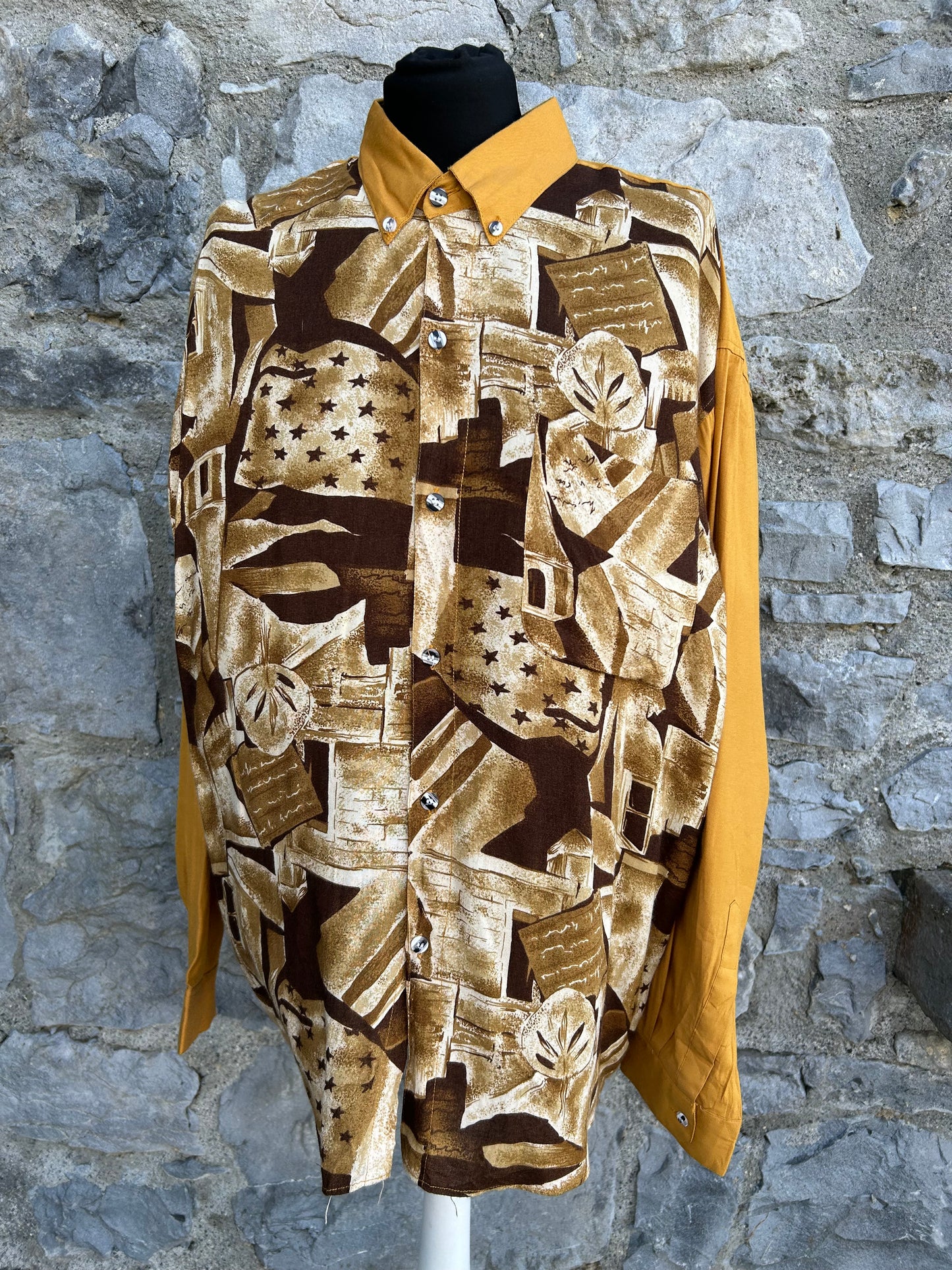 90s mustard&brown shirt M/L