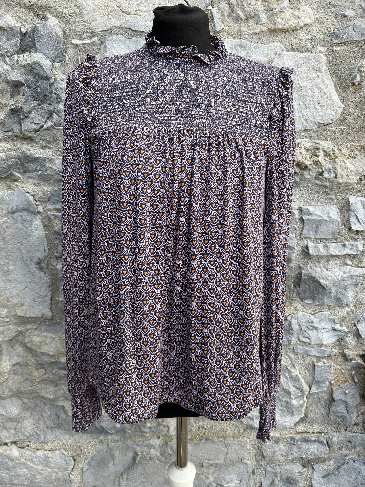 Smocked Yoke Printed Top French Navy, Dainty Heart uk 10