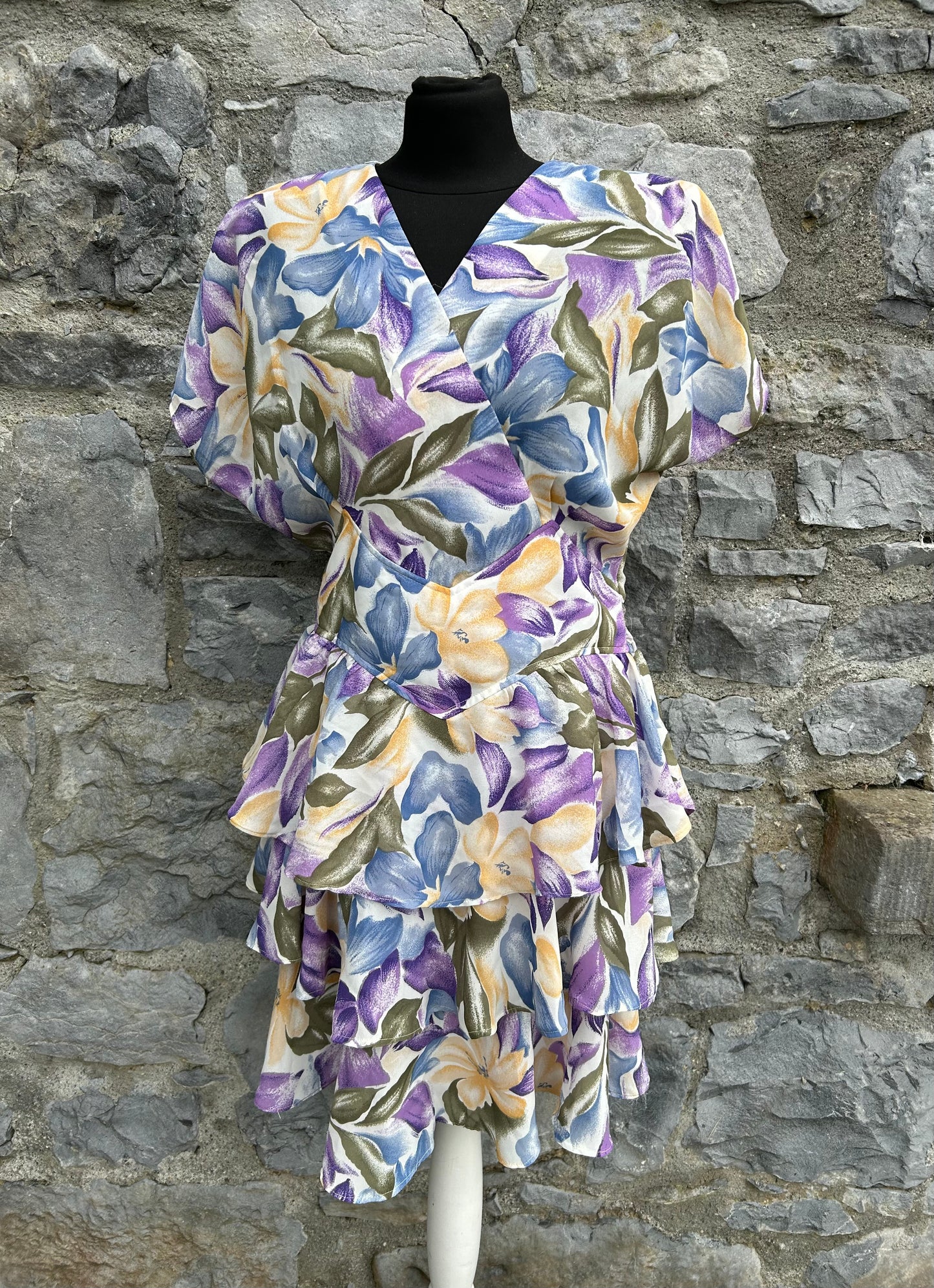 80s yellow&purple floral dress uk 12