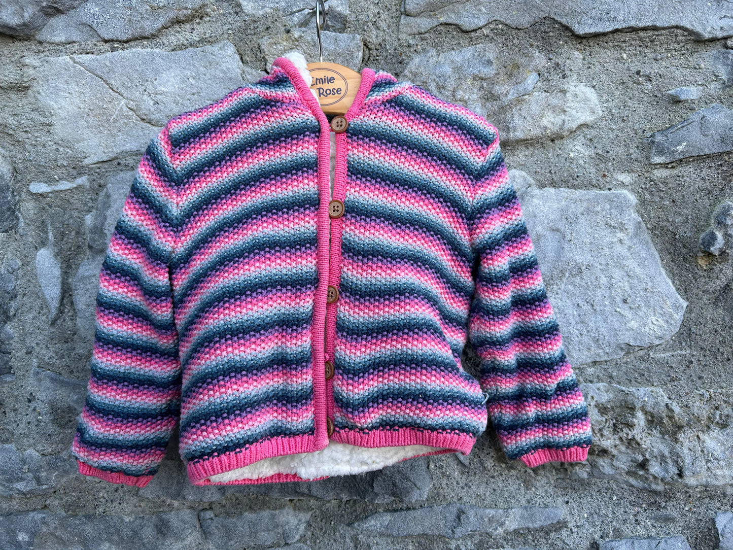 Pink stripy furry lined cardigan 12-18m (80-86cm)