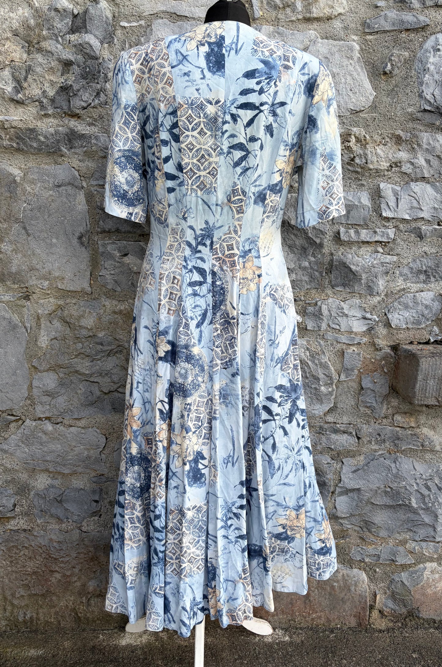 80s blue abstract button up dress uk 8-10