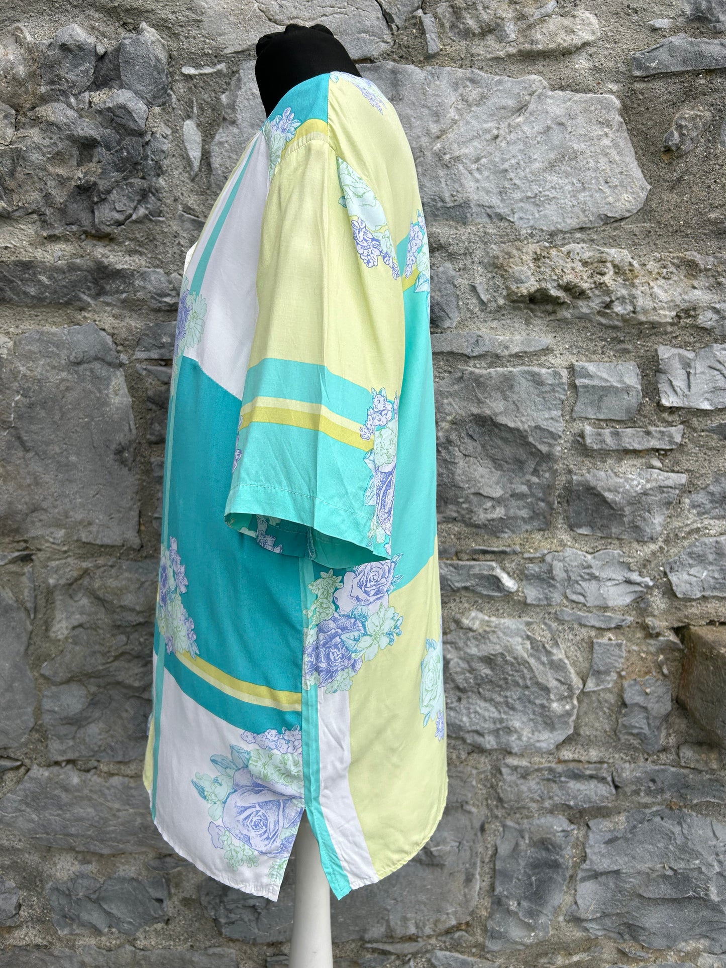 80s yellow&green patchwork floral shirt uk 14-16
