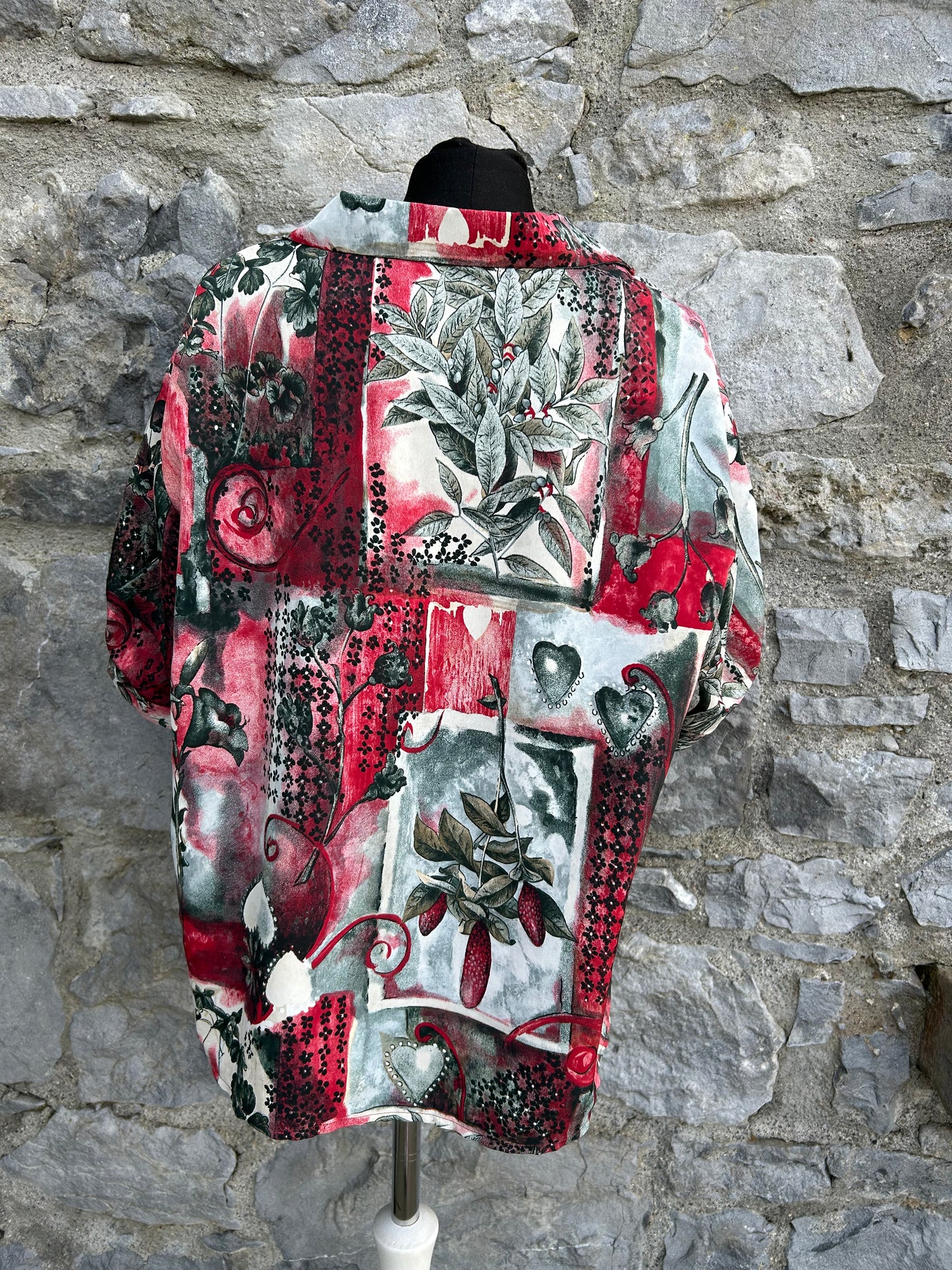 90s Red&grey patchwork blouse uk 12-14