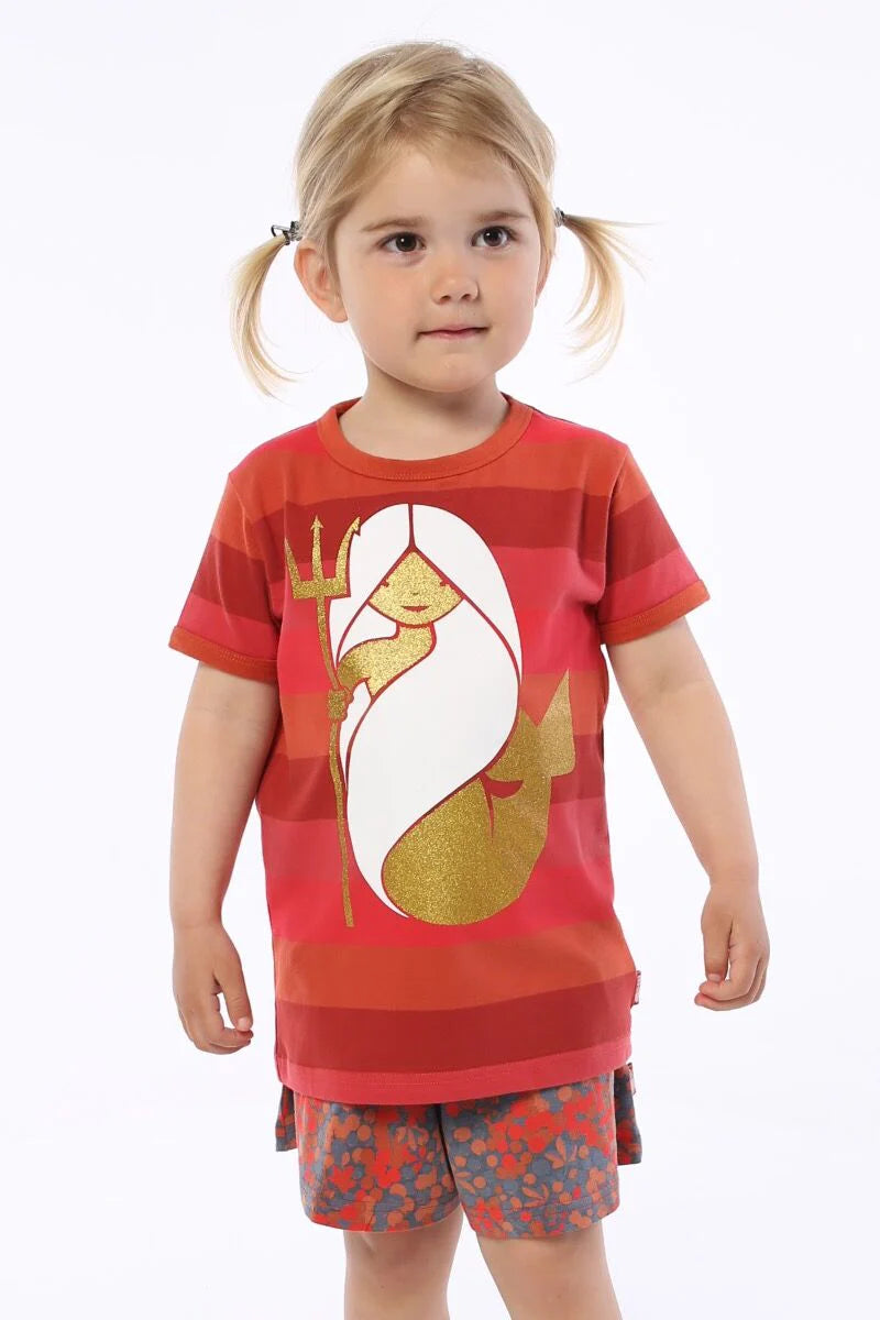 Gold mermaid red stripy T-shirt 4y (104cm)