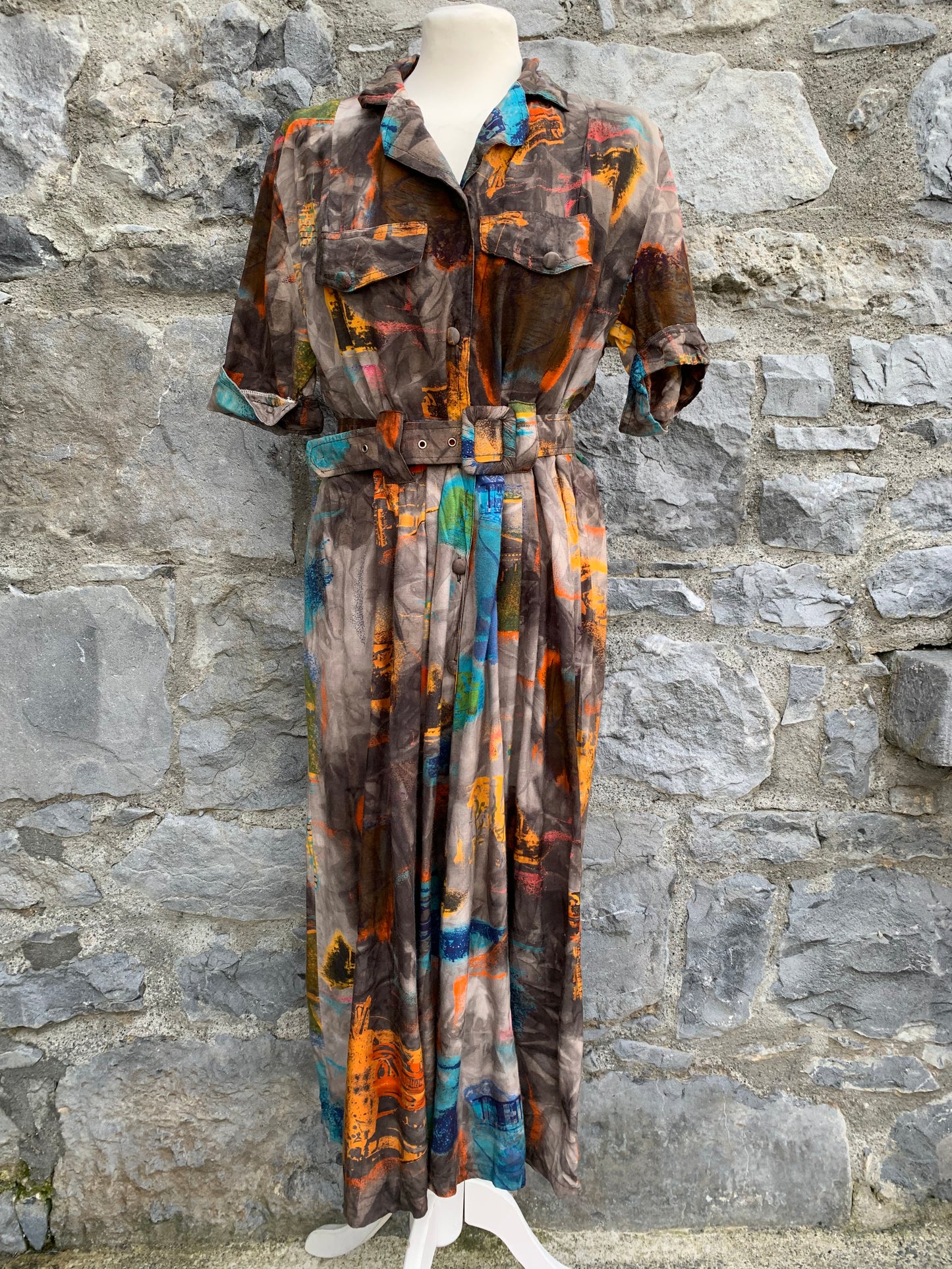 F.G.S 80s brown abstract dress uk 12