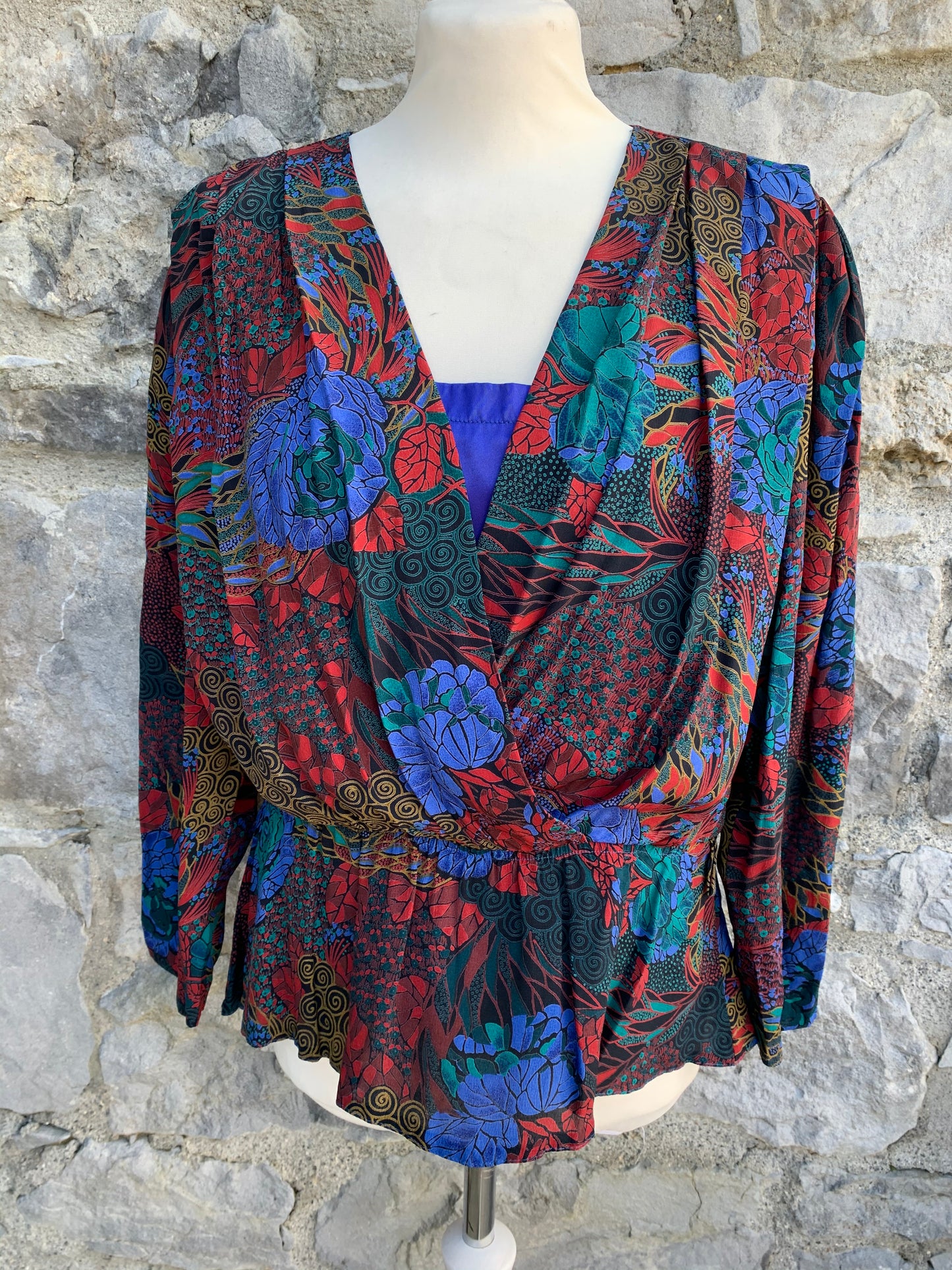 80s maroon top with teal flowers uk 14