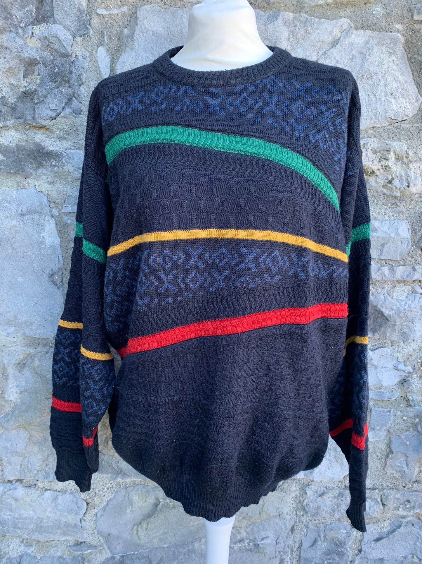 80s navy jumper with color stripes Large