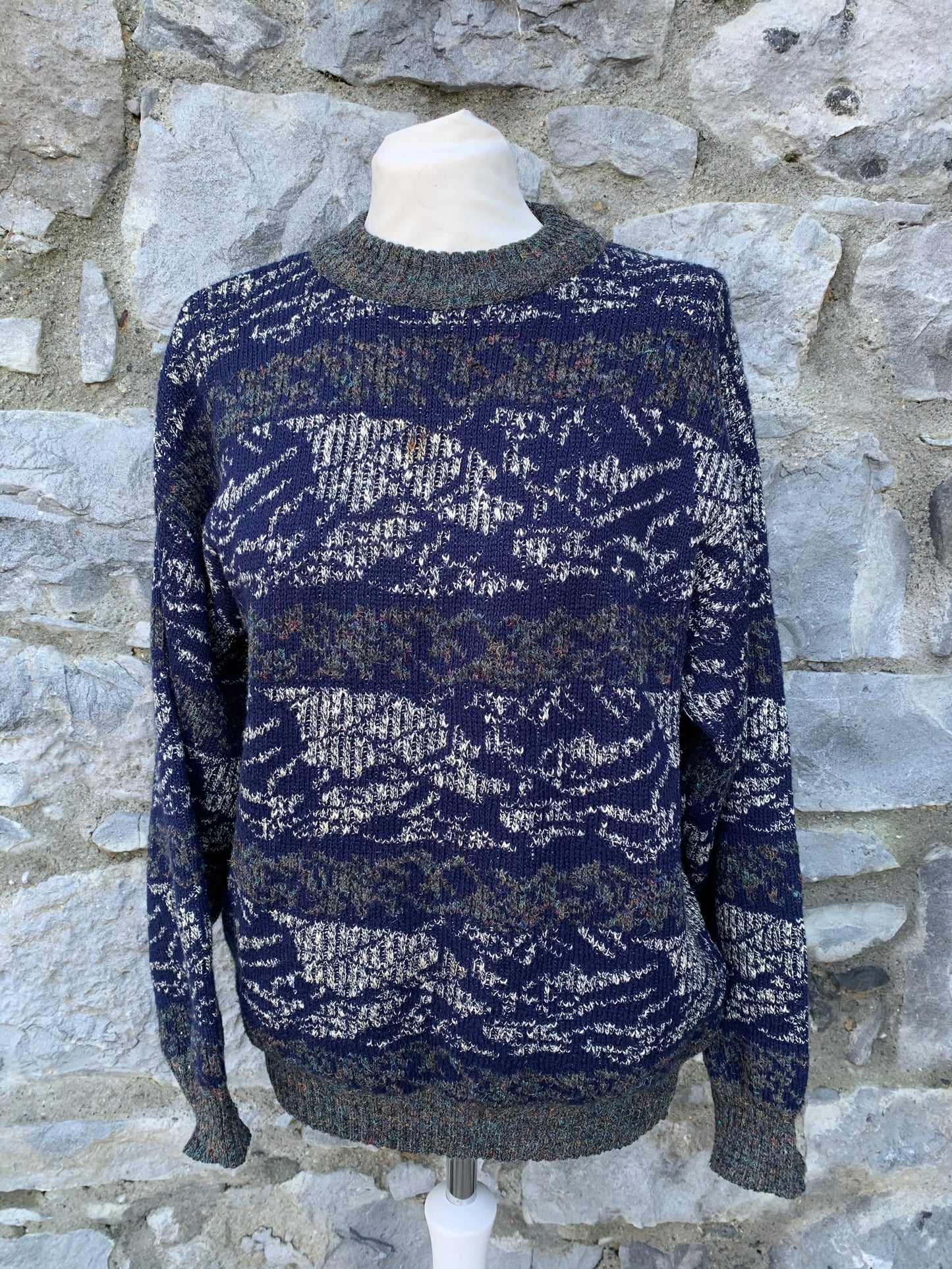 80s blue&grey stripy jumper Medium