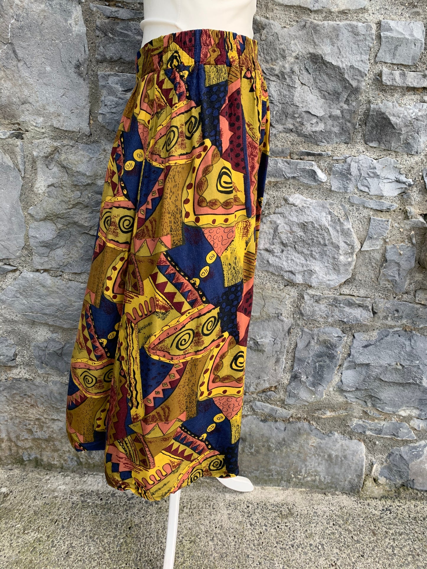 Yellow &navy abstract midi skirt uk 14