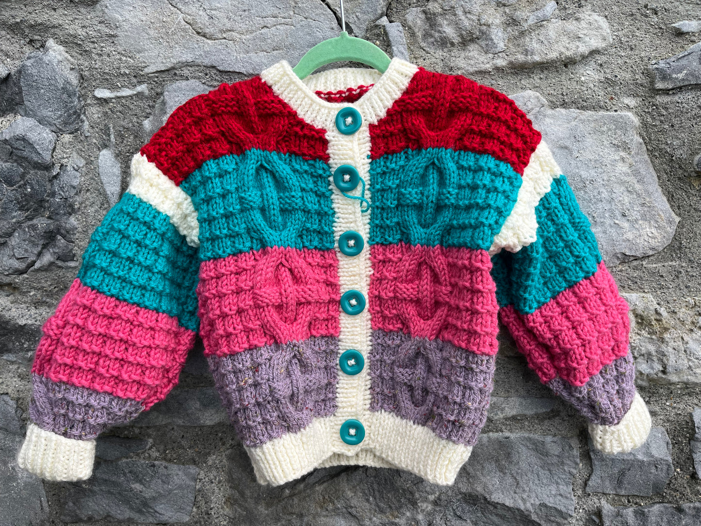 Teal&red Aran style cardigan 2-3y (92-98cm)