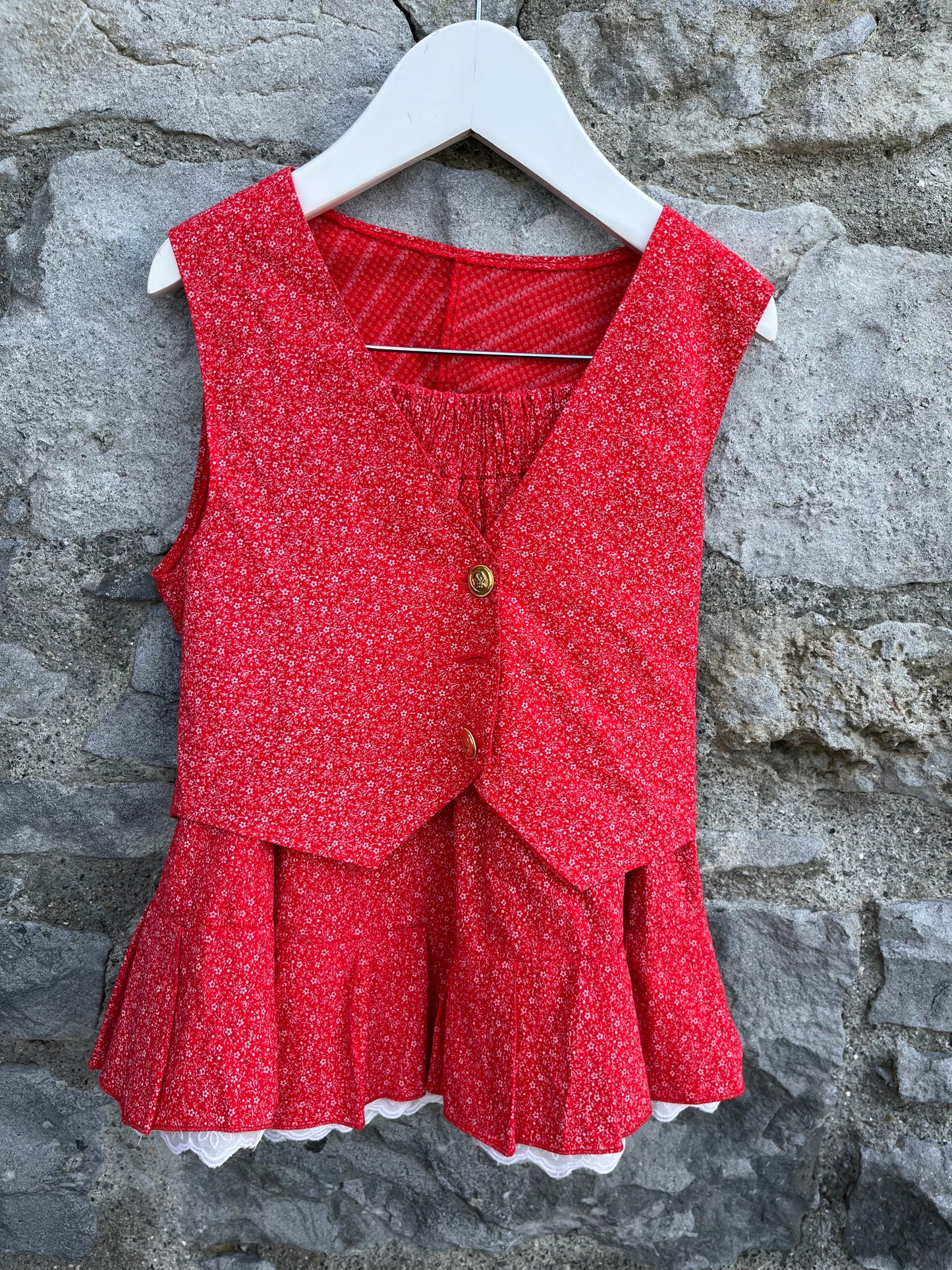 80s red floral skirt&waistcoat 4-5y (104-110cm)