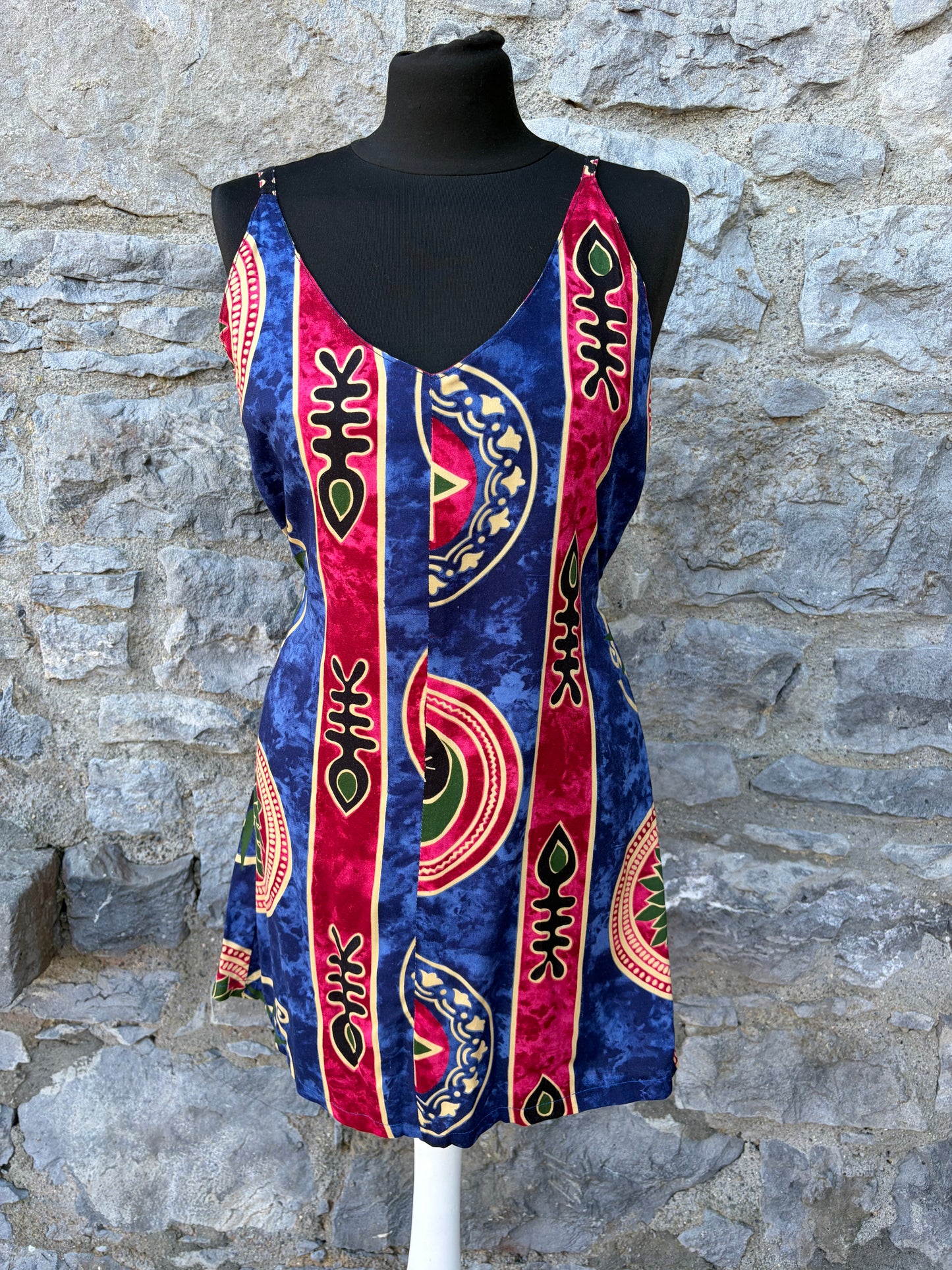 90s blue tribal fish print sun dress uk 6-8
