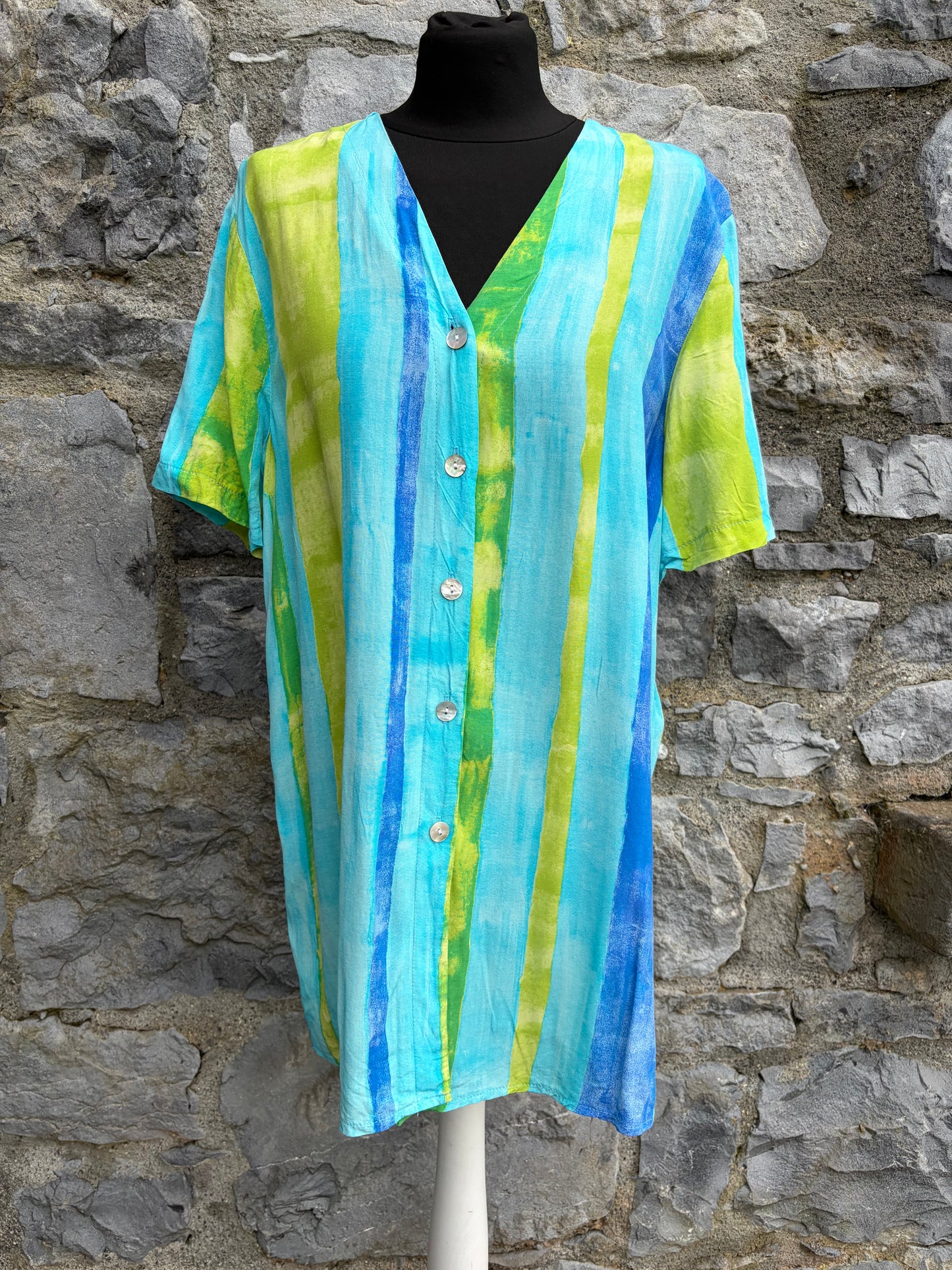 80s Blue&green stripy blouse uk 12-14
