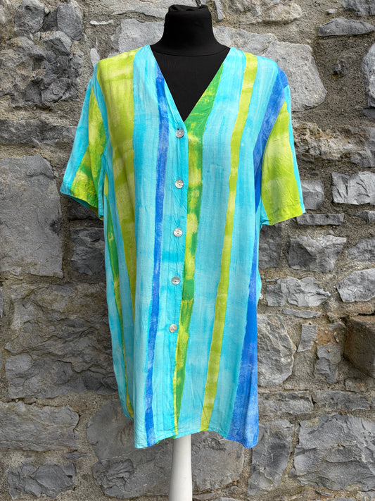 80s Blue&green stripy blouse uk 12-14