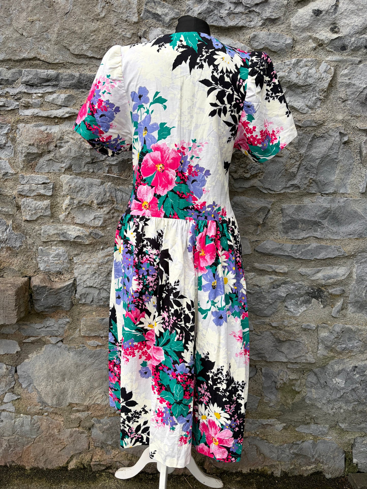80s colourful flowers white dress uk 6-8