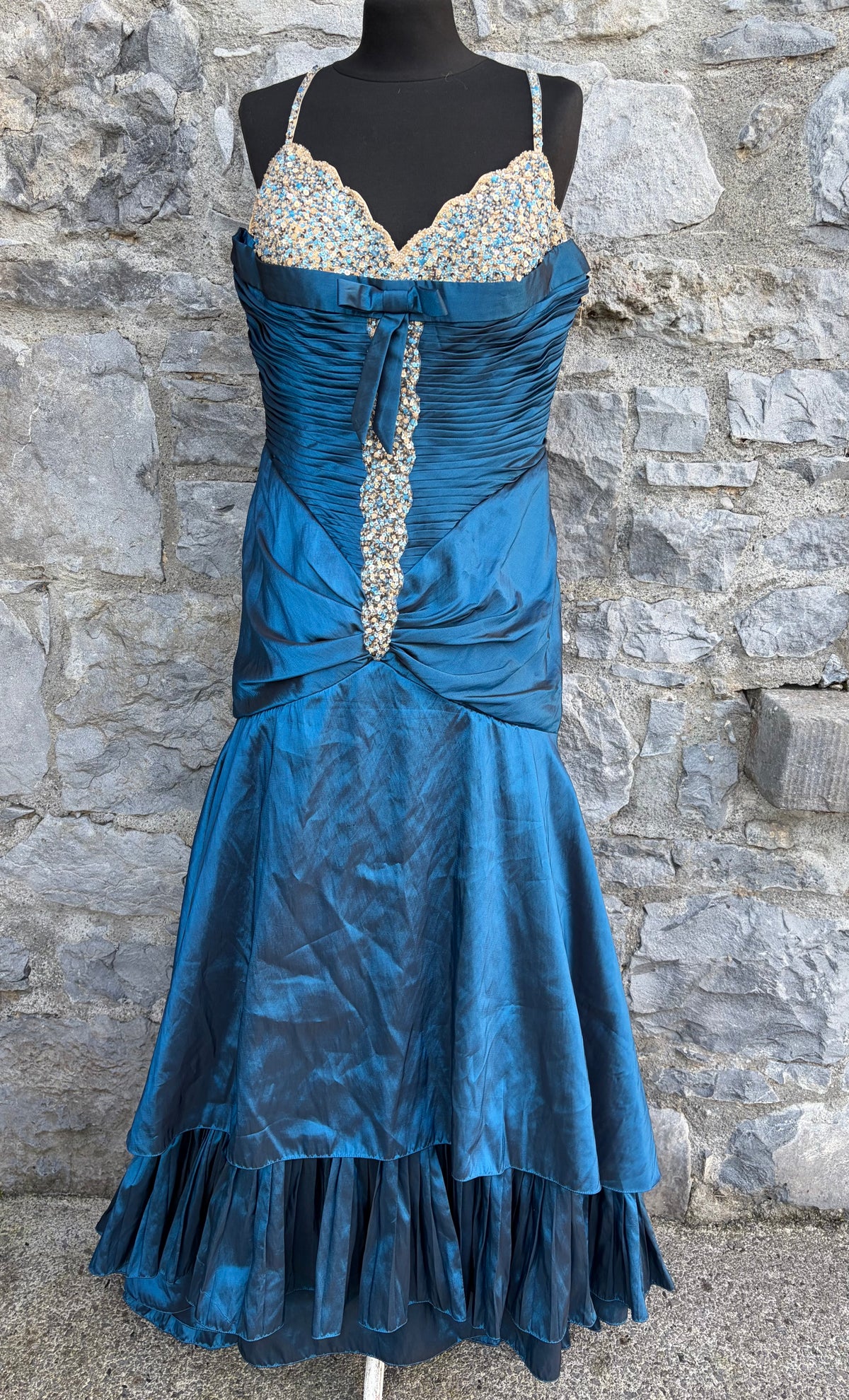 90s Teal mermaid-style evening gown uk 12