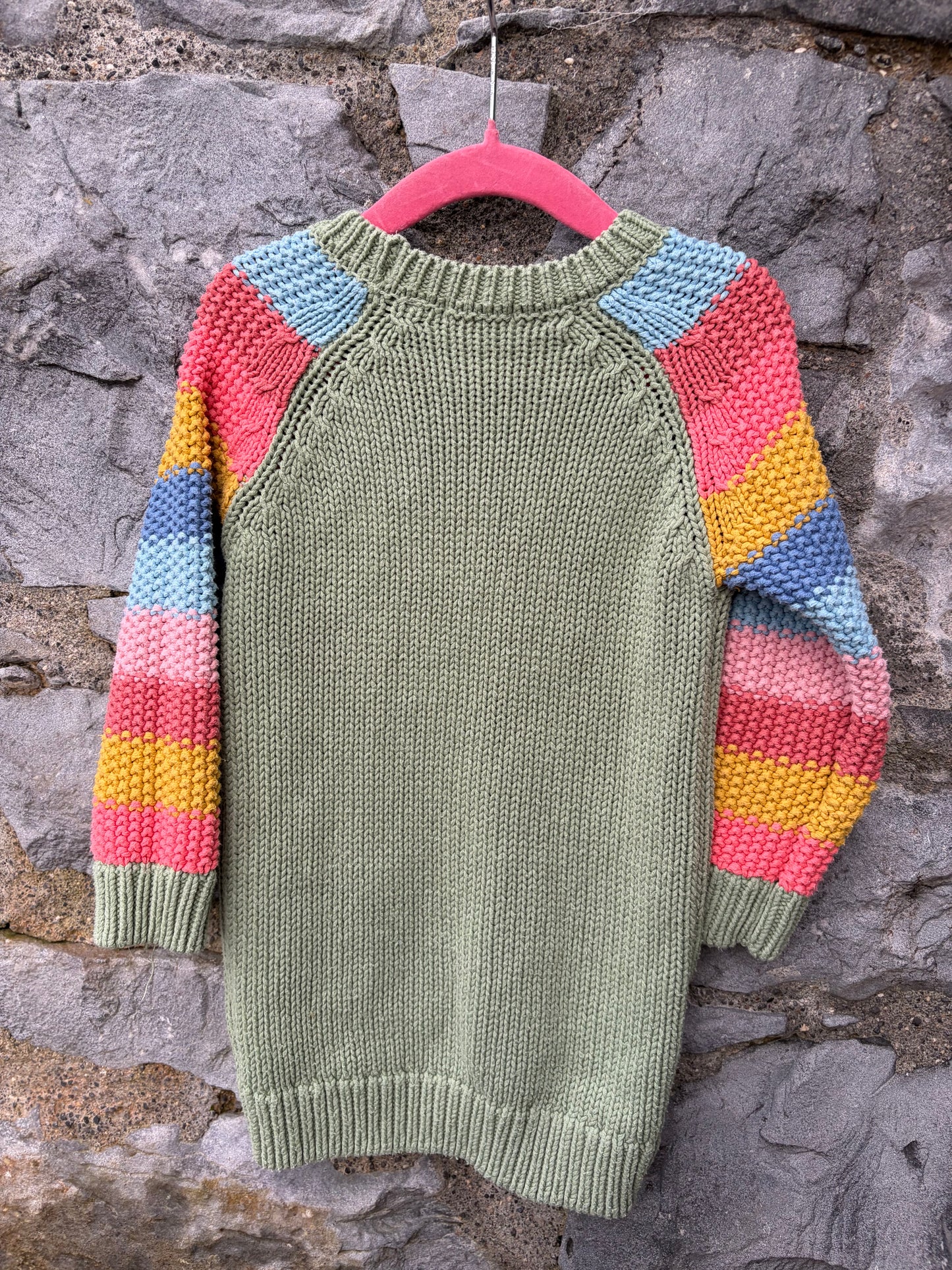 Khaki knitted dress with rainbow sleeves 18-24m (86-92cm)