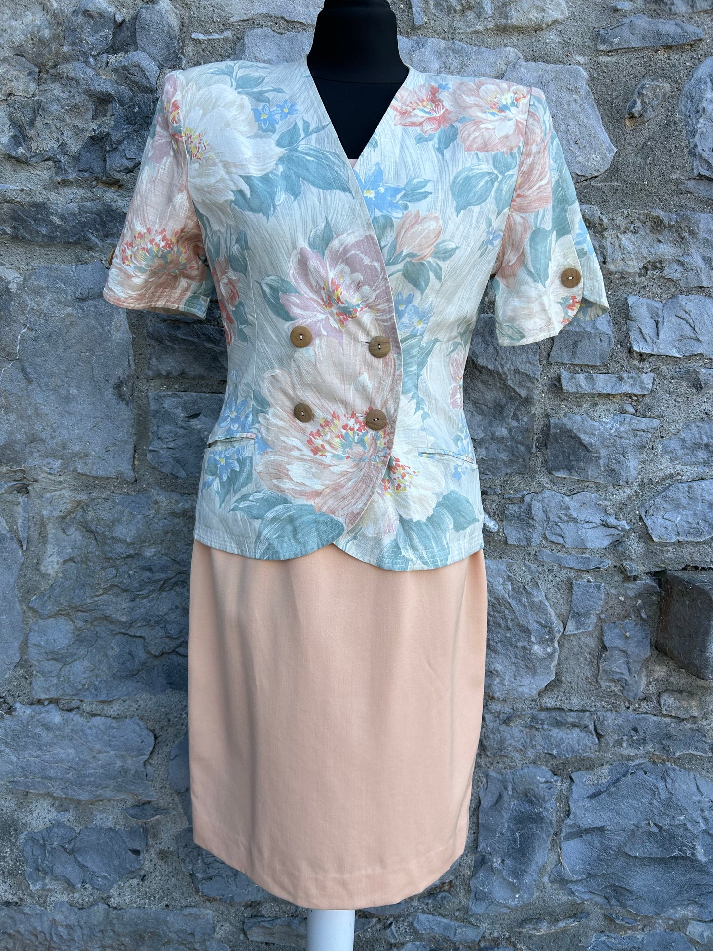 80s peach floral 3 piece suit uk 8