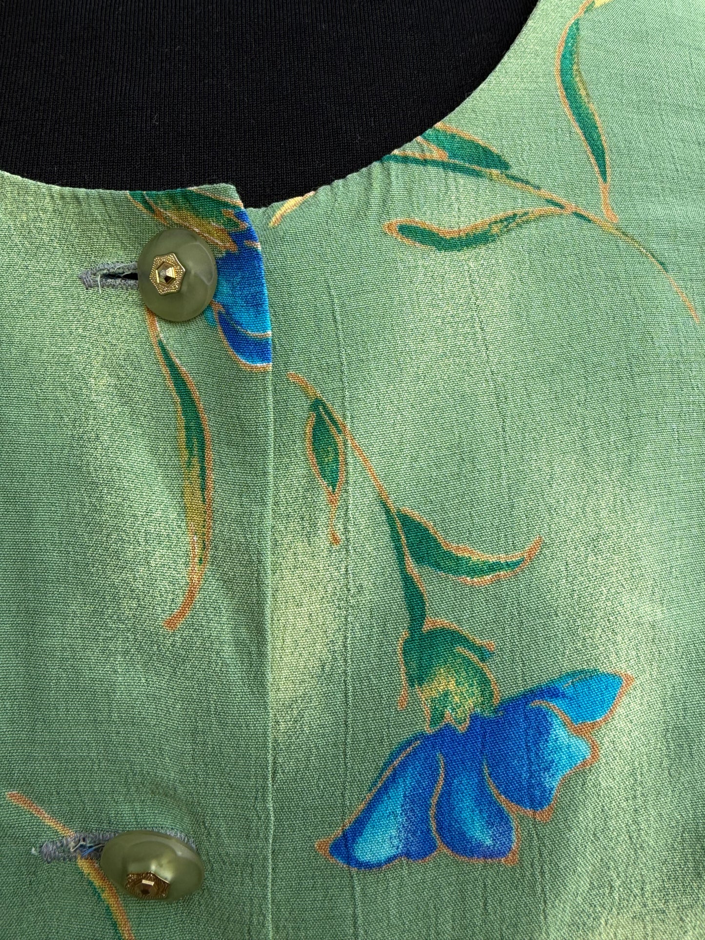 80s blue flowers green blouse&skirt uk 8-10