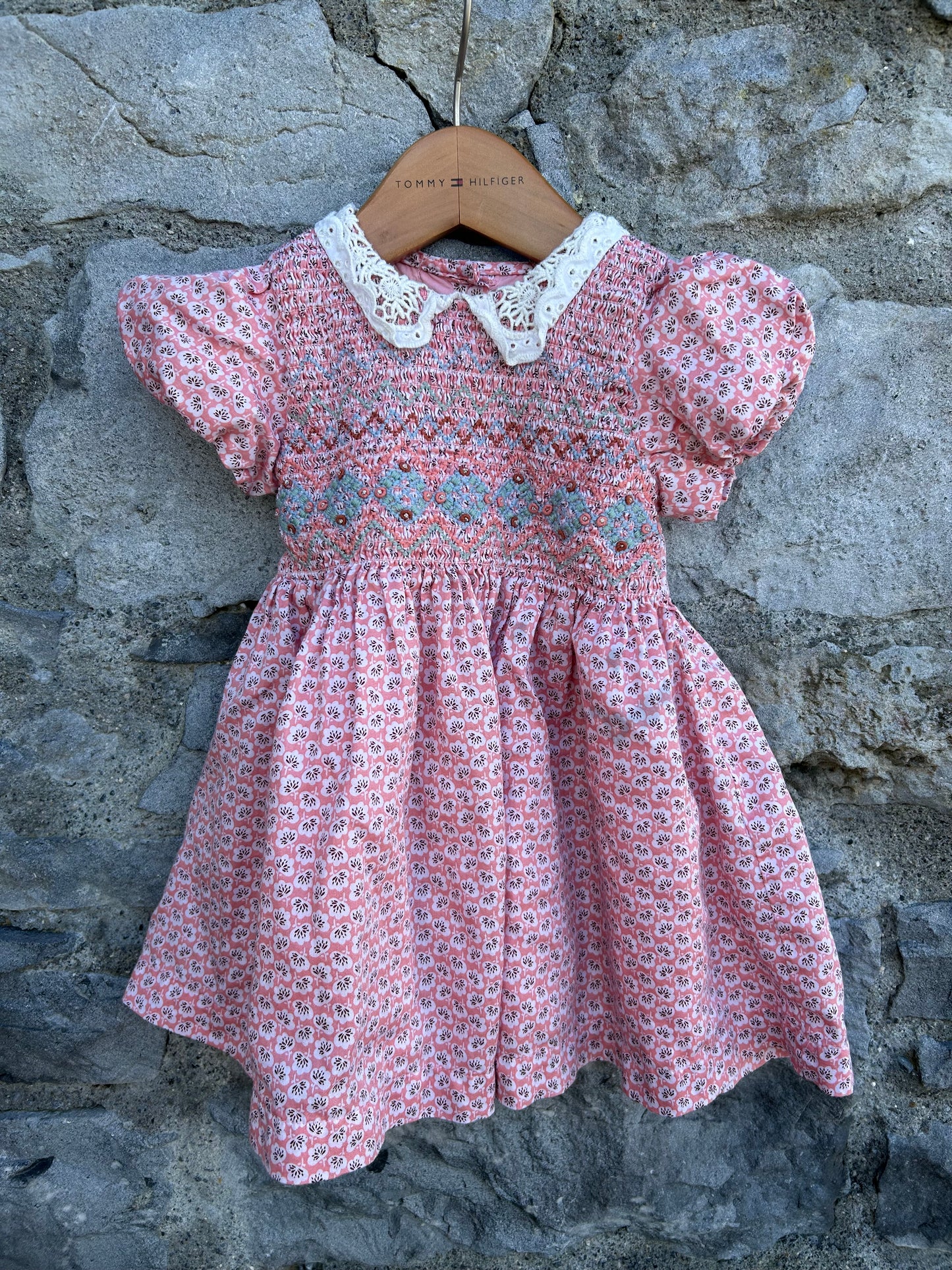 Pink floral shirred bodice dress  12-18m (80-86cm)