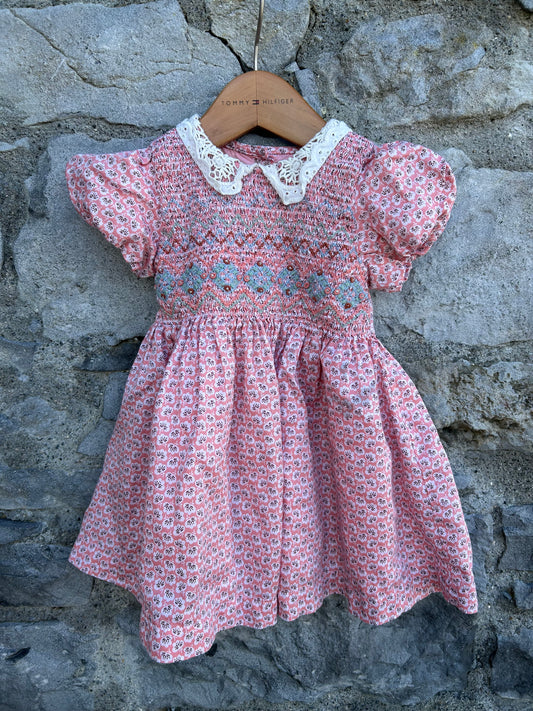 Pink floral shirred bodice dress  12-18m (80-86cm)