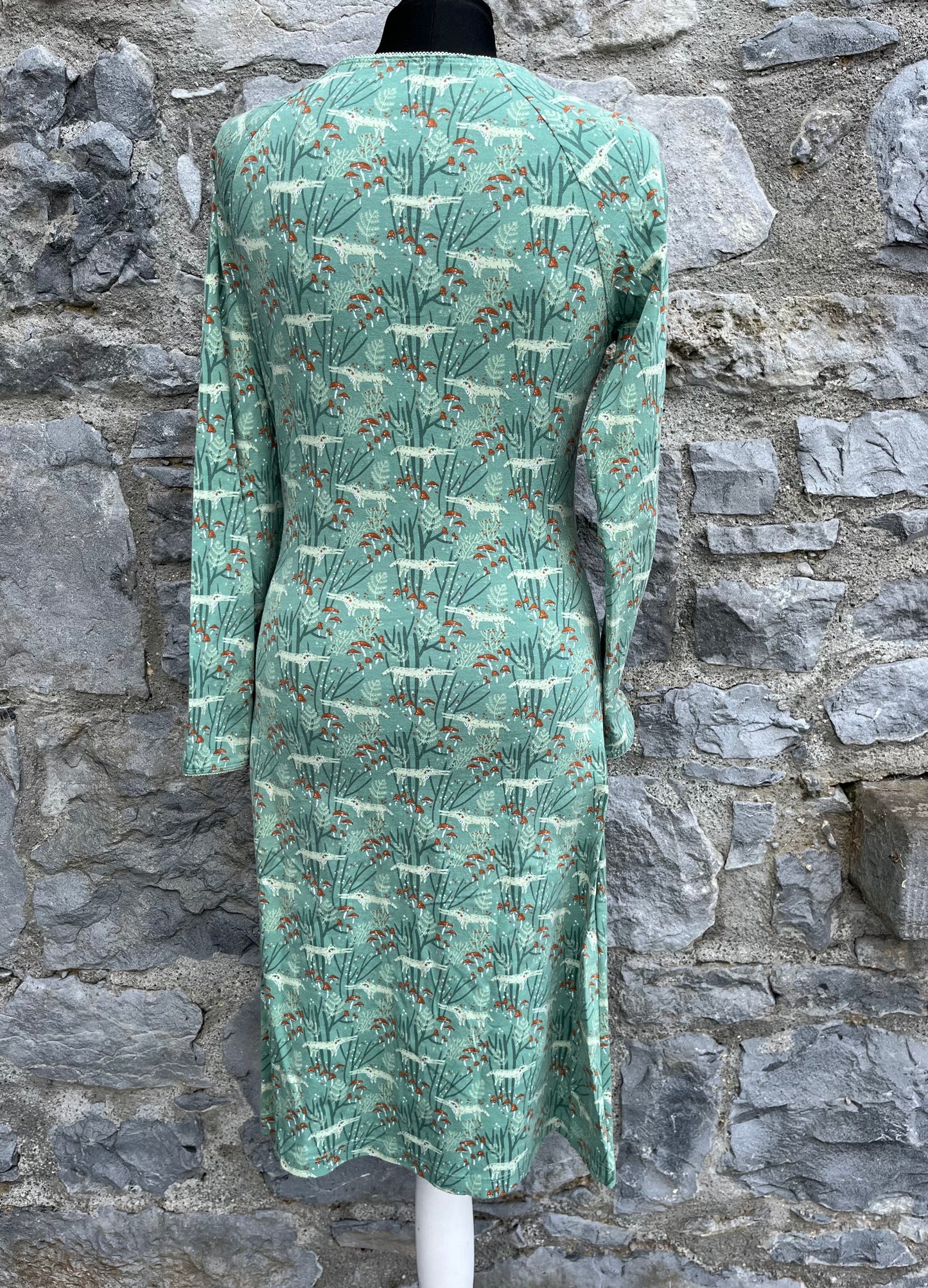 Green wolves&mushrooms dress uk 10