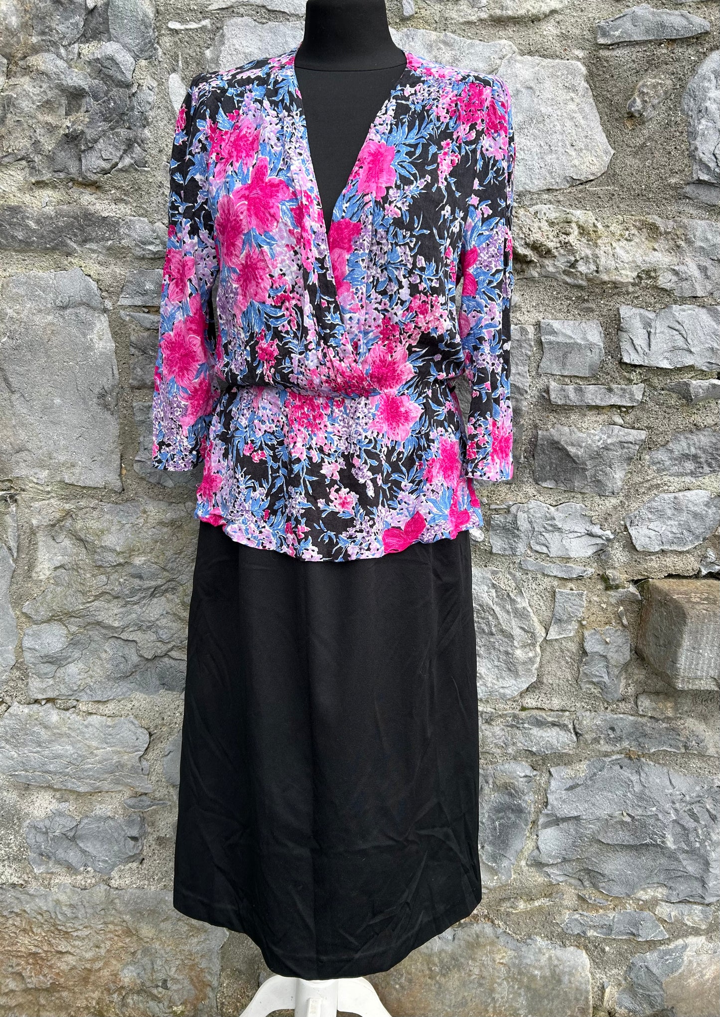 80s floral&black dress uk 12-14