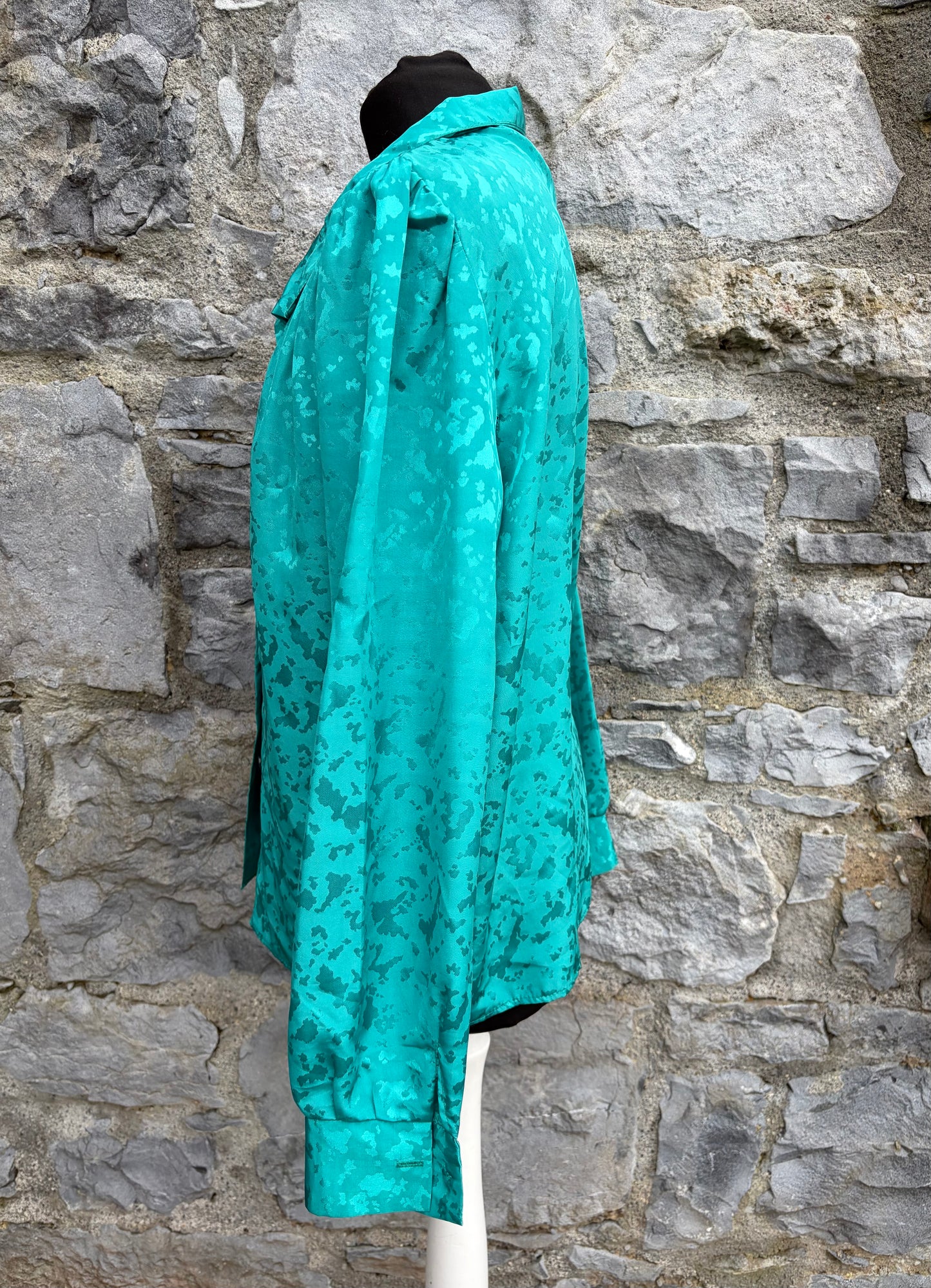 80s high collar green jacquard blouse uk 10-12