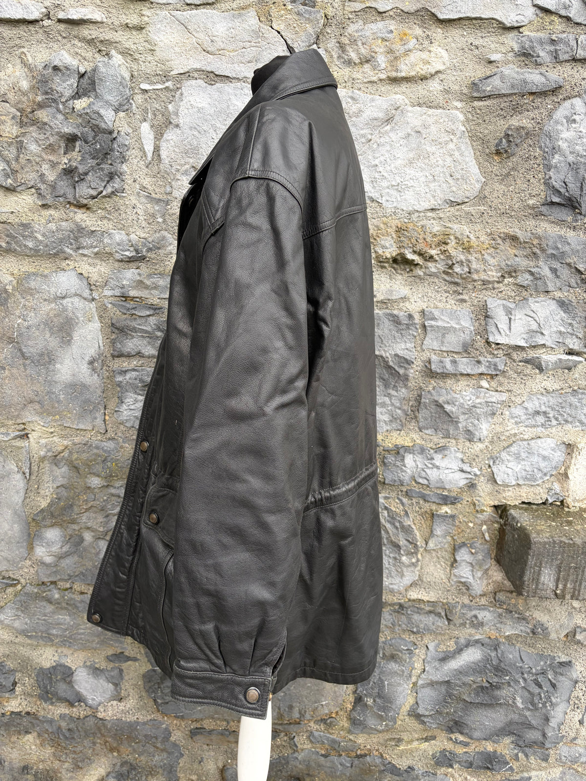 90s black leather long jacket Large