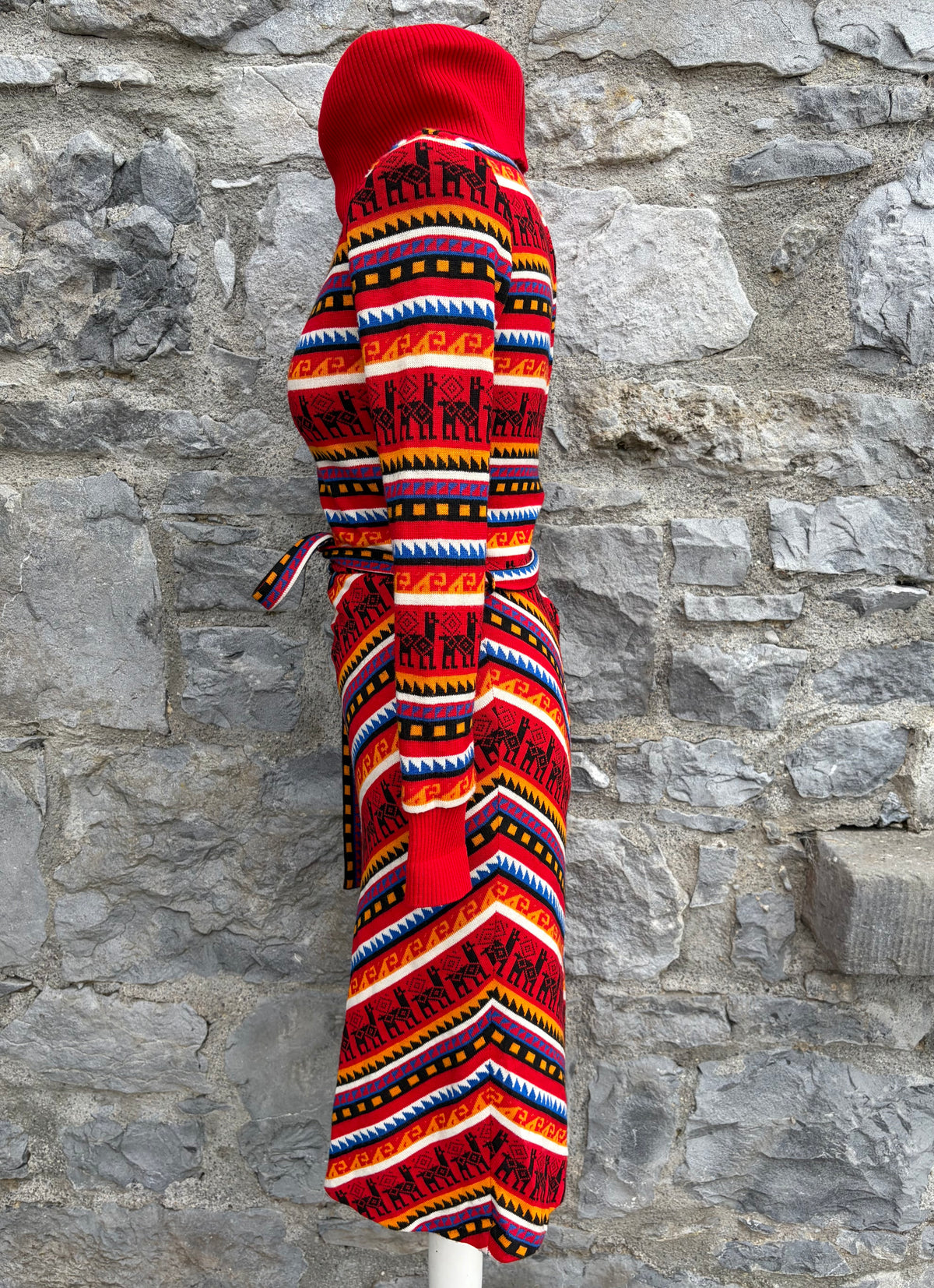 70s red geometric knit sweater dress  uk 6