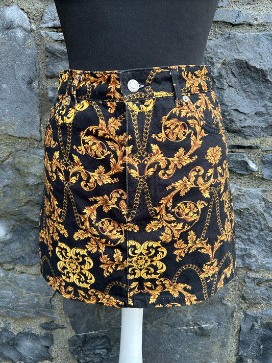 Black&gold chain print mini denim skirt uk 8