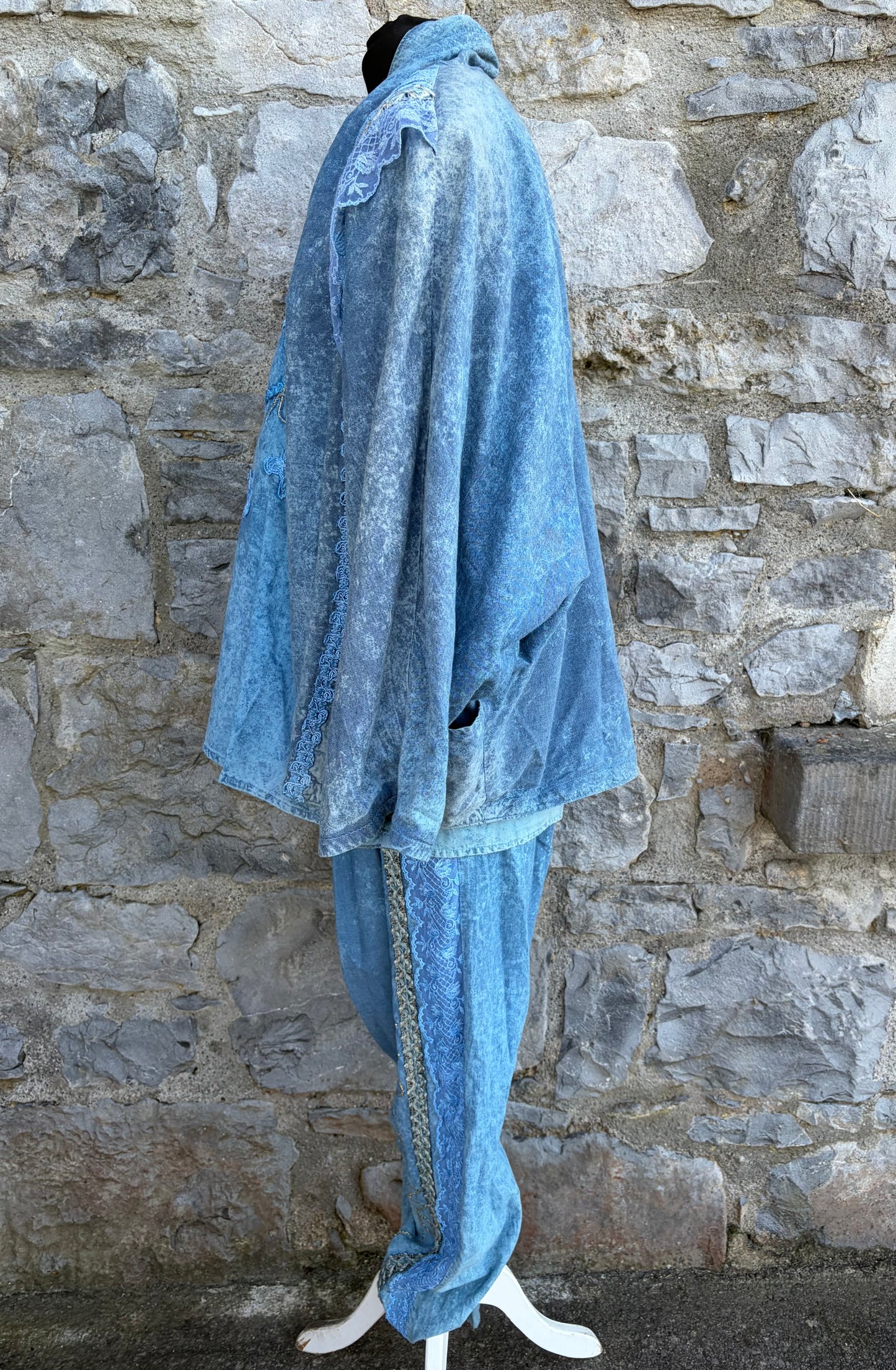 90s blue 3 piece acid wash&lace suit uk 12